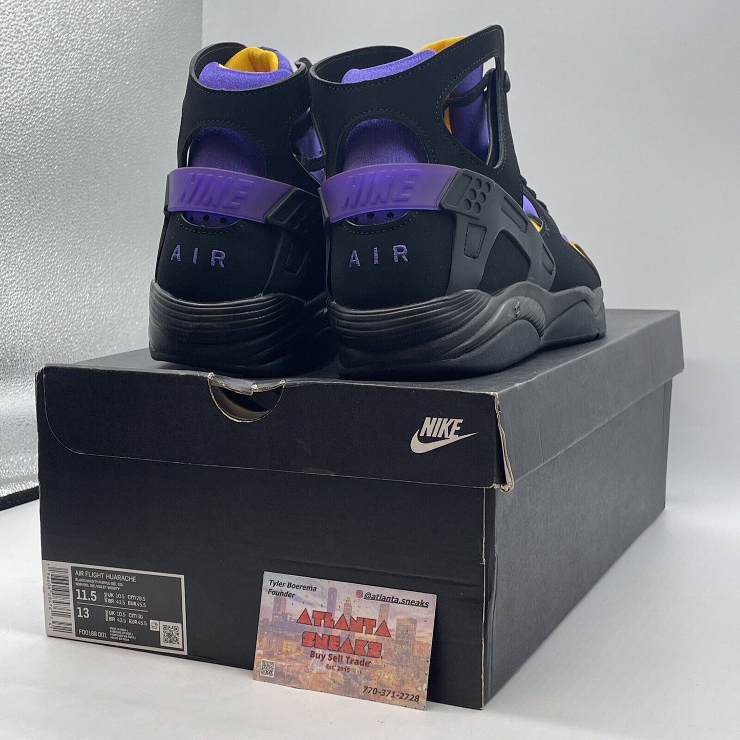 Size 11.5 - Nike Air Flight Huarache Lakers Away Black Suede Purple (FD0188-001)