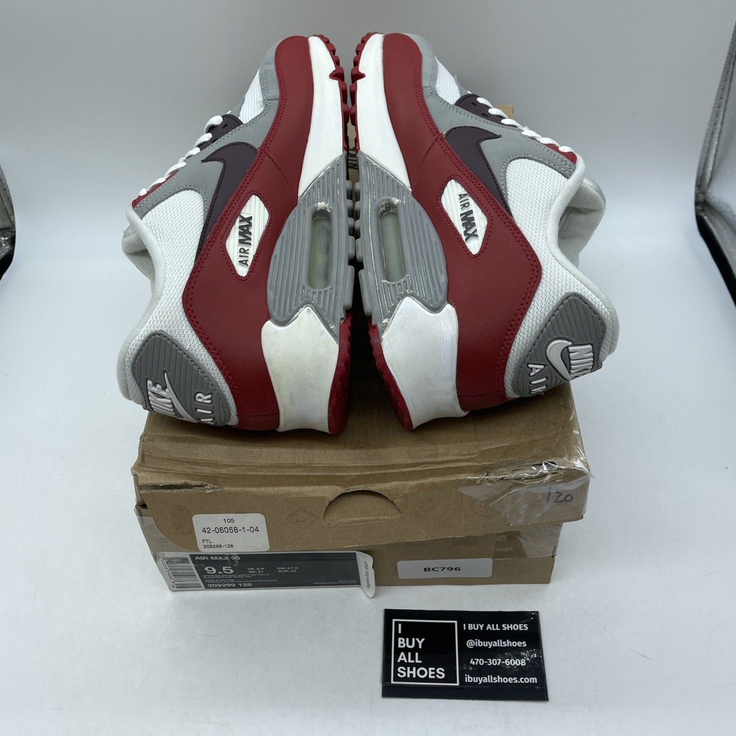 Size 9.5 - Nike Air Max 90 White Grey Red Leather Suede (309299-128)