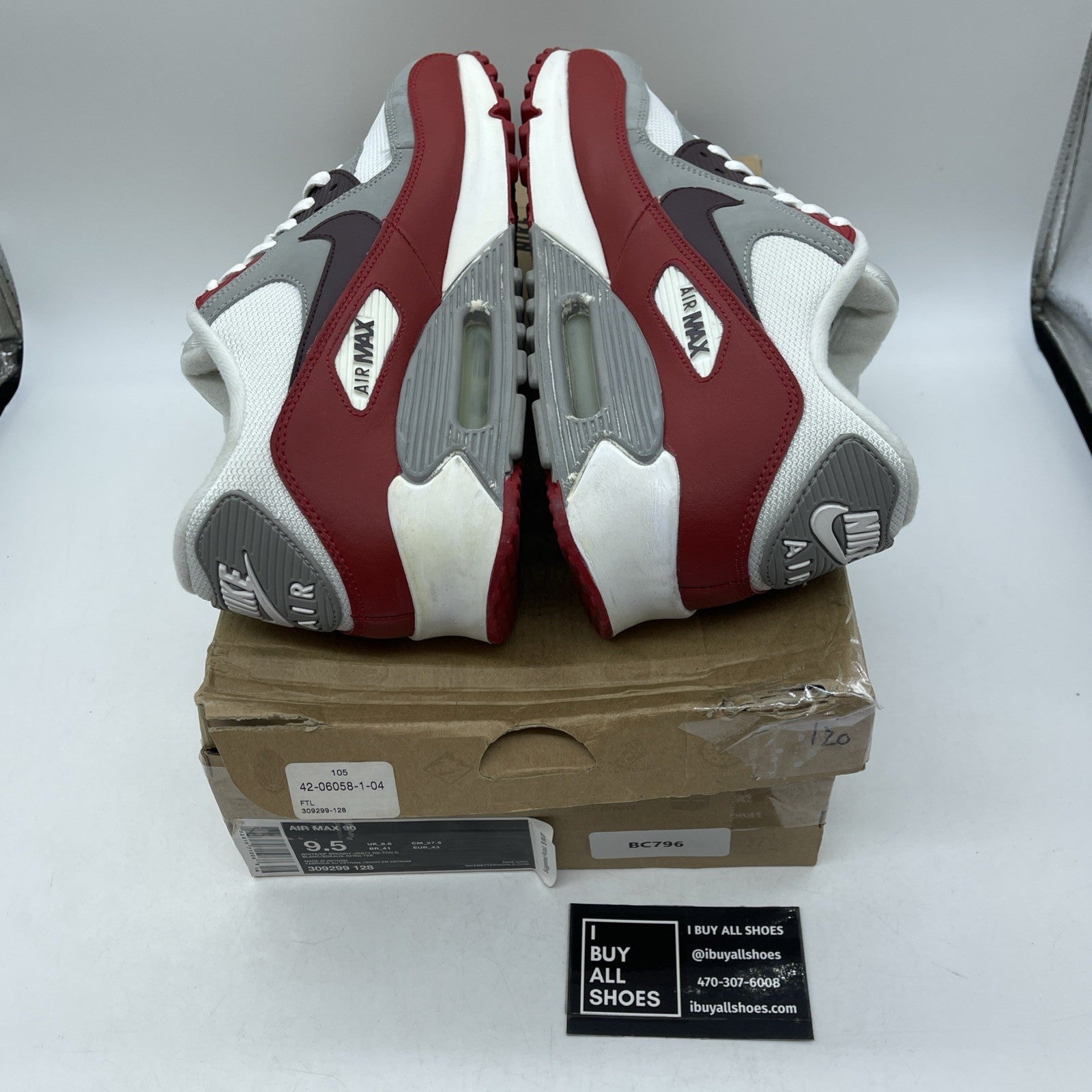 Size 9.5 - Nike Air Max 90 White Grey Red Leather Suede (309299-128)
