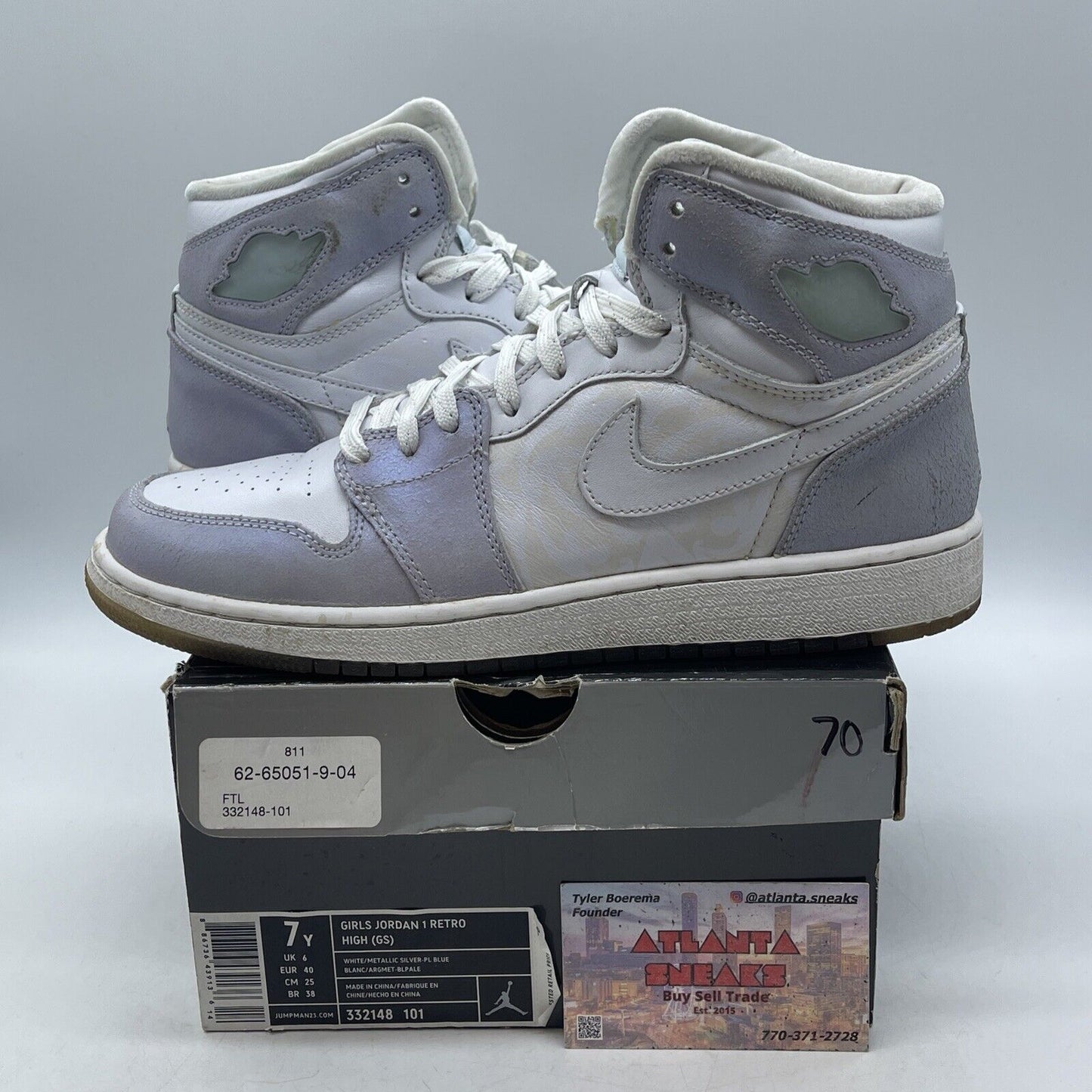 Size 7Y - Air Jordan 1 High White Metallic Silver Suede Leather  (332148-101)