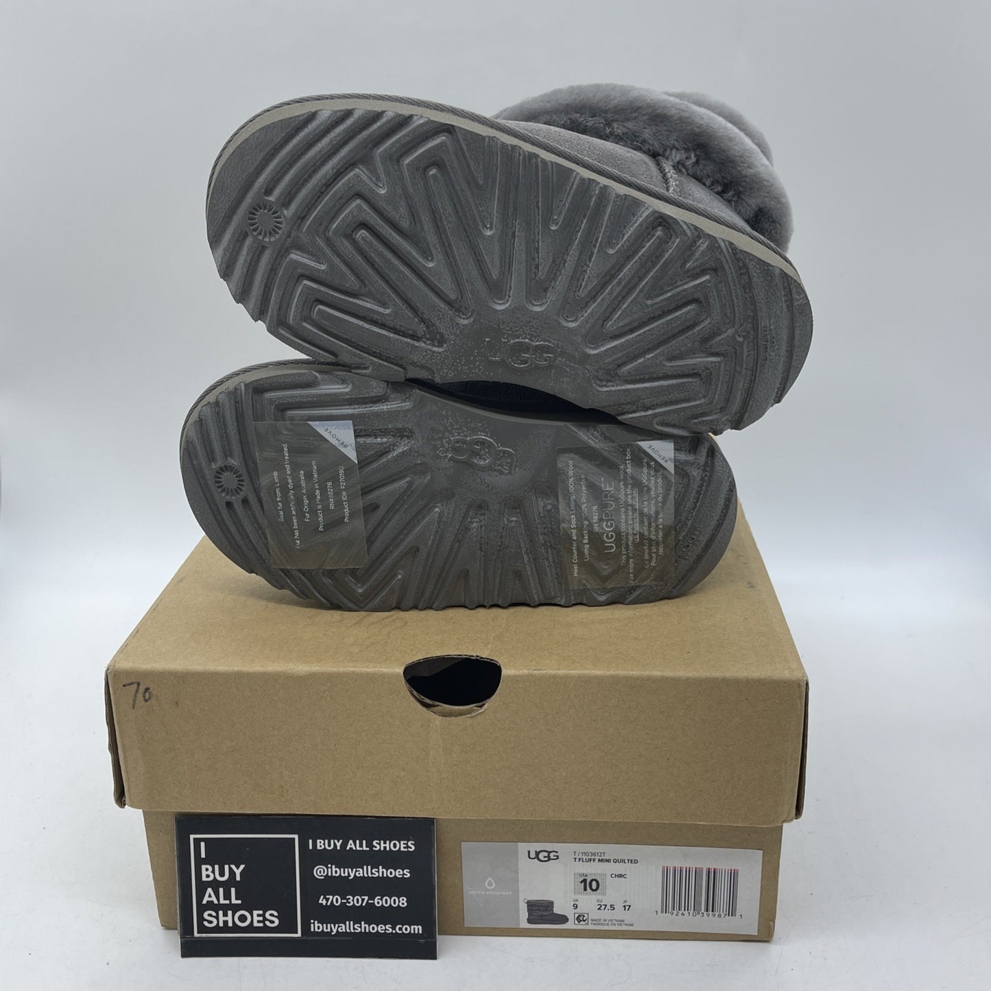 Size 10 - Ugg Girls Toddler FLUFF MINI QUILTED boots Charcoal (1103612T)