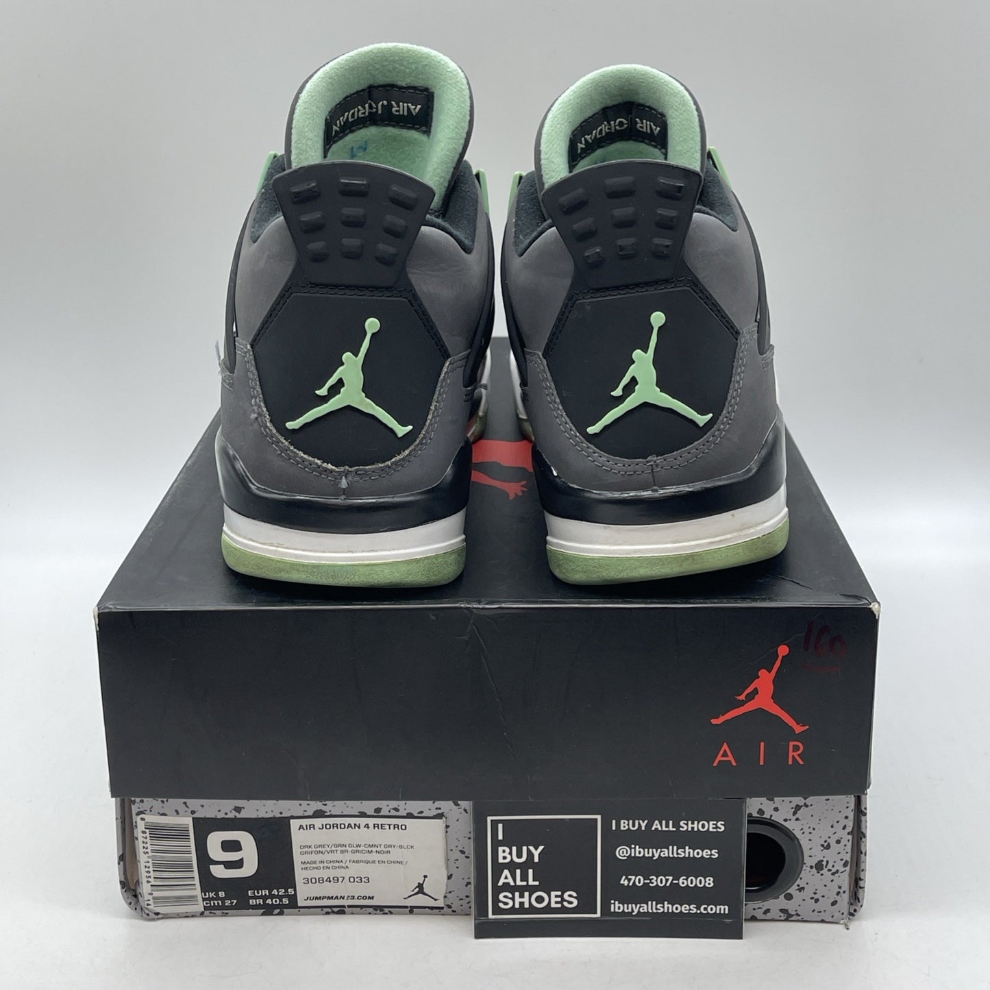 Size 9 - Jordan 4 Retro Green Glow Grey White Black Suede (308497-033)