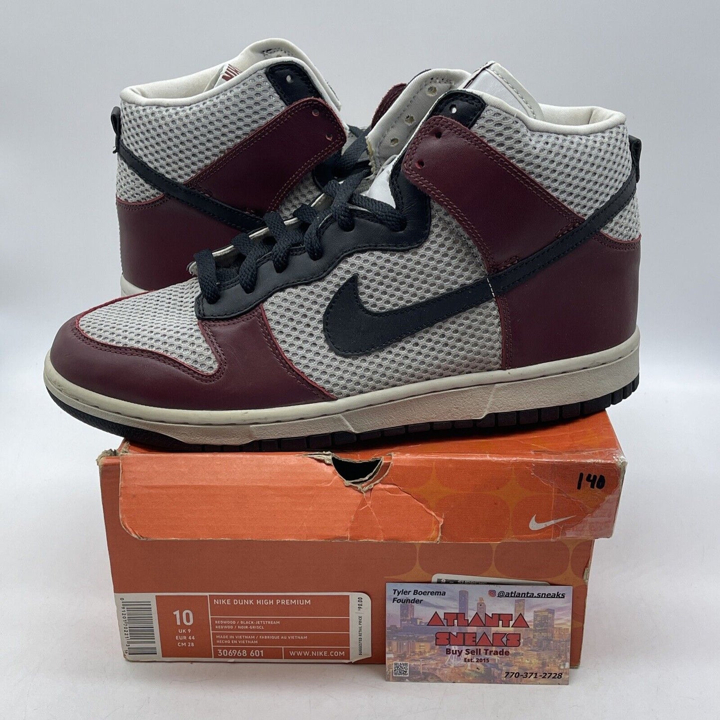 Size 10 - Nike Dunk Premium High Red grey Burgundy Leather Suede (306968-601)