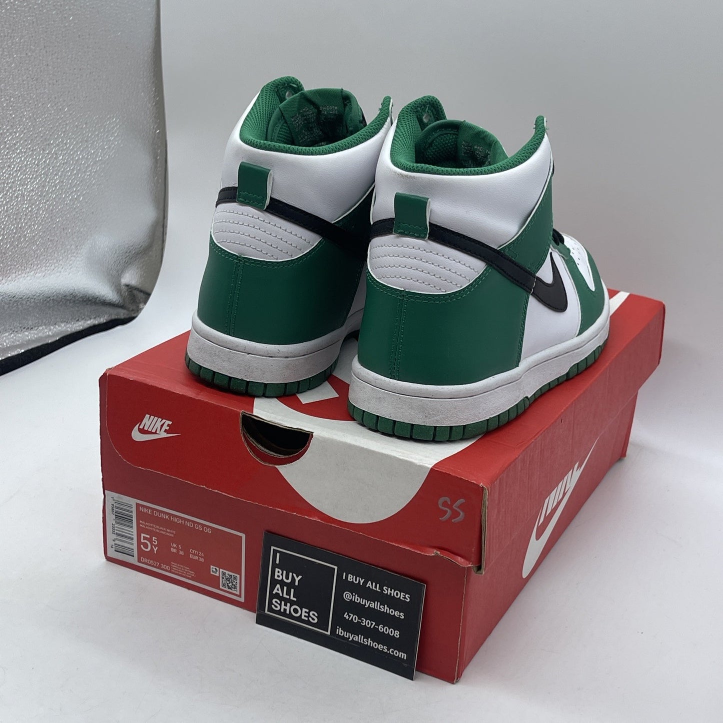 Size 5.5Y (GS) - Nike Dunk High Celtics Green Black White Leather (DR0527-300)