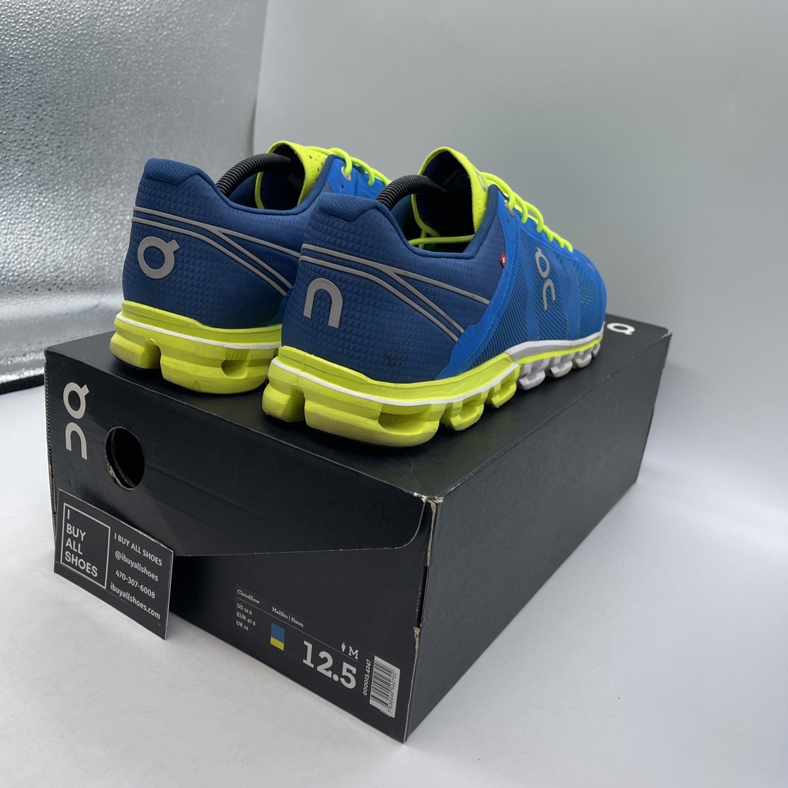 Size 12.5 - On Shoes Mens 12 Blue Lime Cloudflow Swiss Athletic Running Sneakers