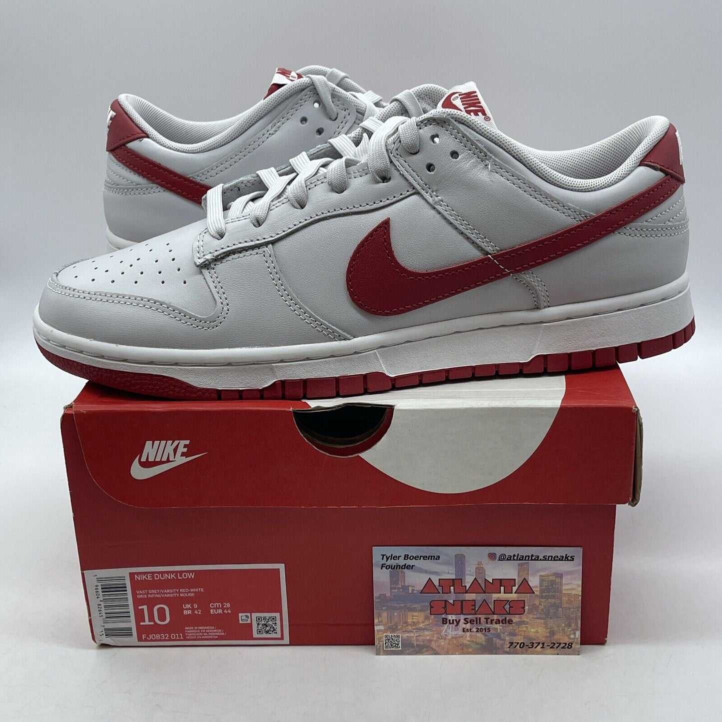 Size 10 - Dunk Low Vast Grey Varsity Red White Leather (FJ0832-011)