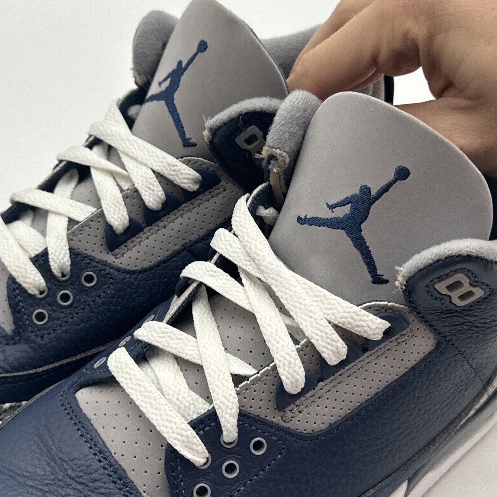 Size 9 - Jordan 3 Georgetown Navy Elephant Grey Leather Premium White Laces