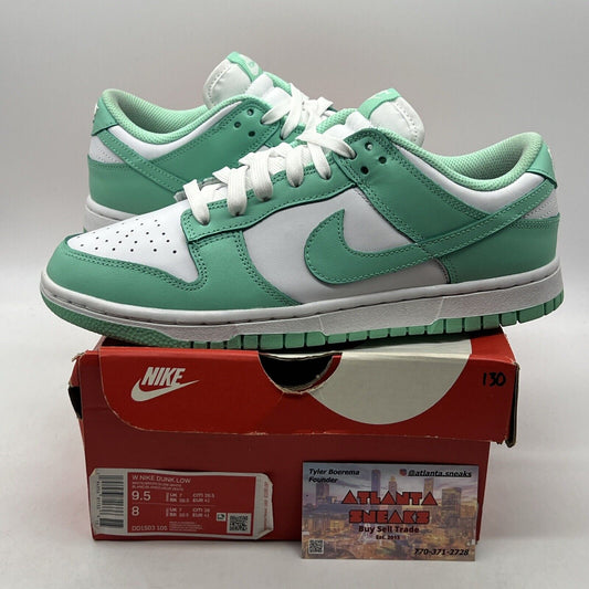 Size 9.5 - Nike Dunk Low Green Glow W White Leather Aqua