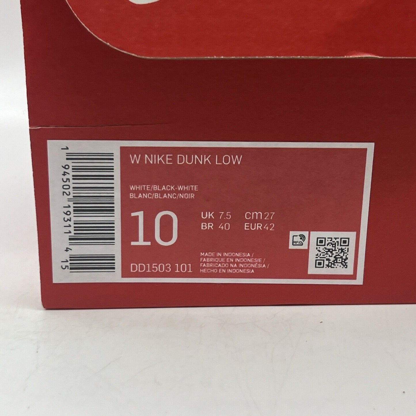 Size 10 - Nike Dunk Low Black White W Brand New Og All