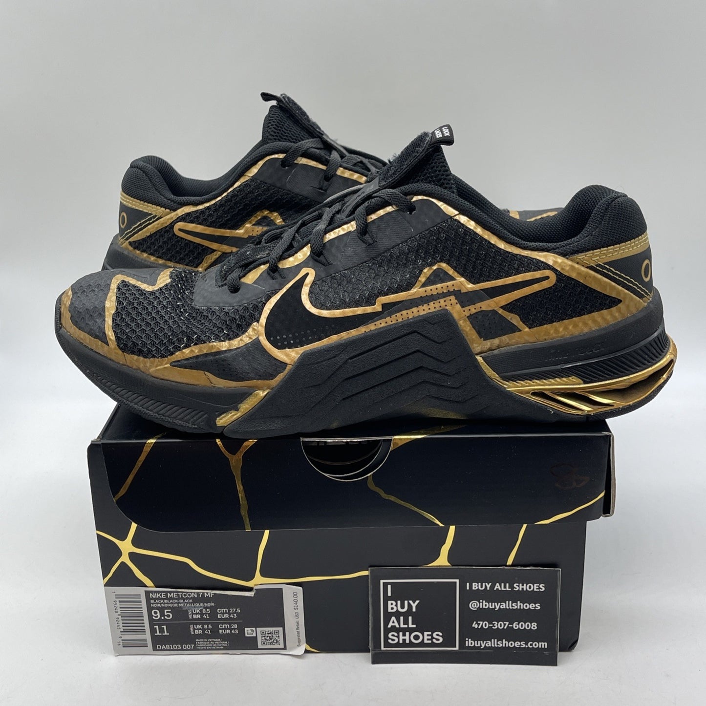 Size 9.5 - Nike Metcon 7 PE Mat Fraser Black Gold Suede Leather (DA8103-007)