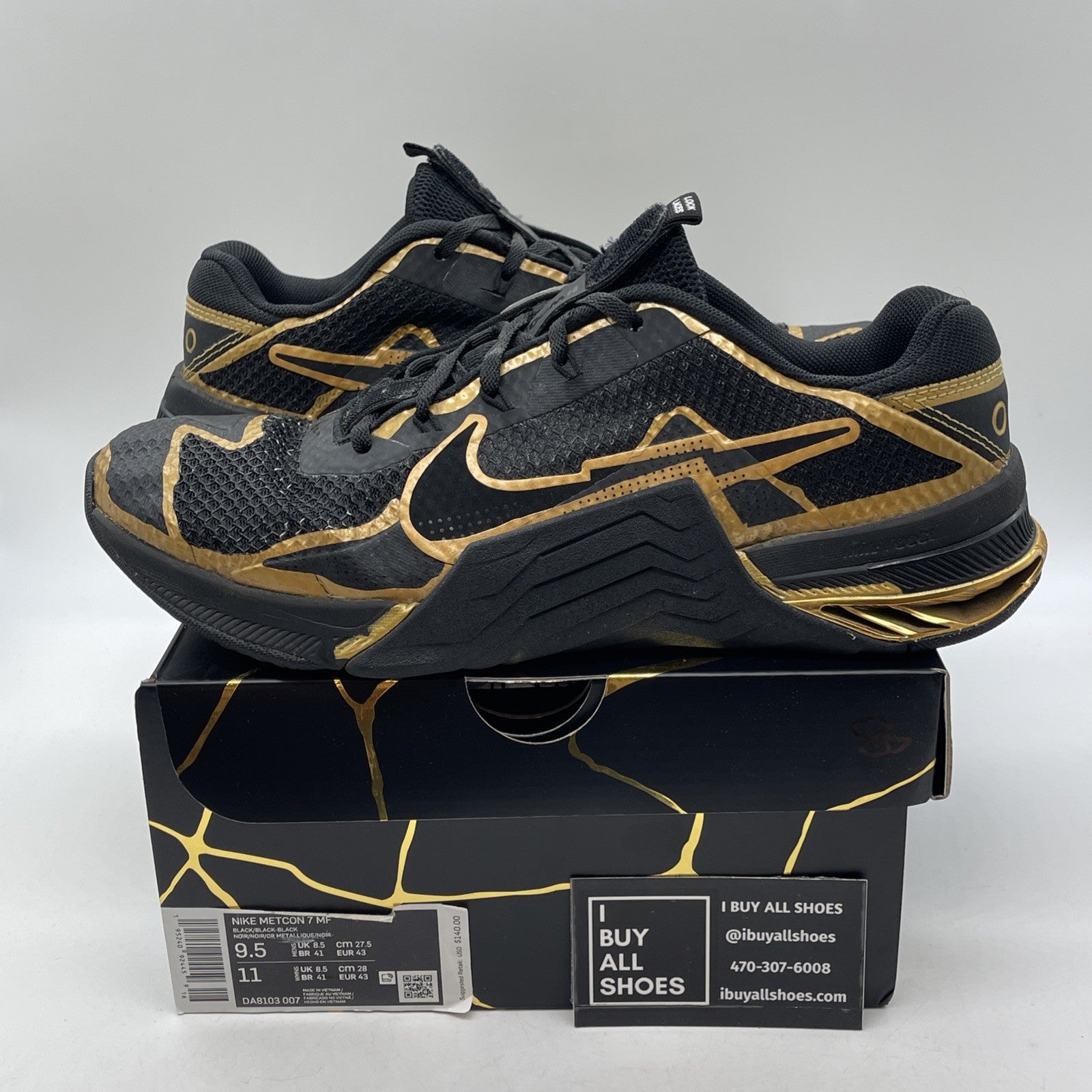 Size 9.5 - Nike Metcon 7 PE Mat Fraser Black Gold Suede Leather (DA8103-007)