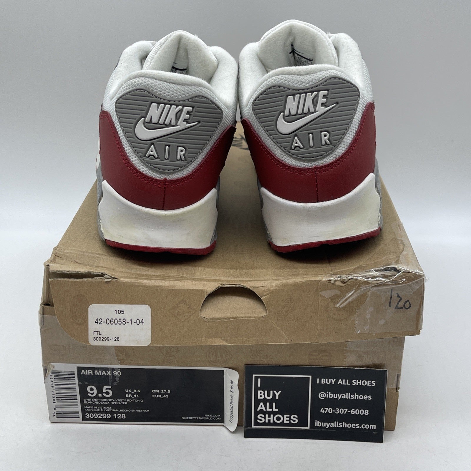 Size 9.5 - Nike Air Max 90 White Grey Red Leather Suede (309299-128)