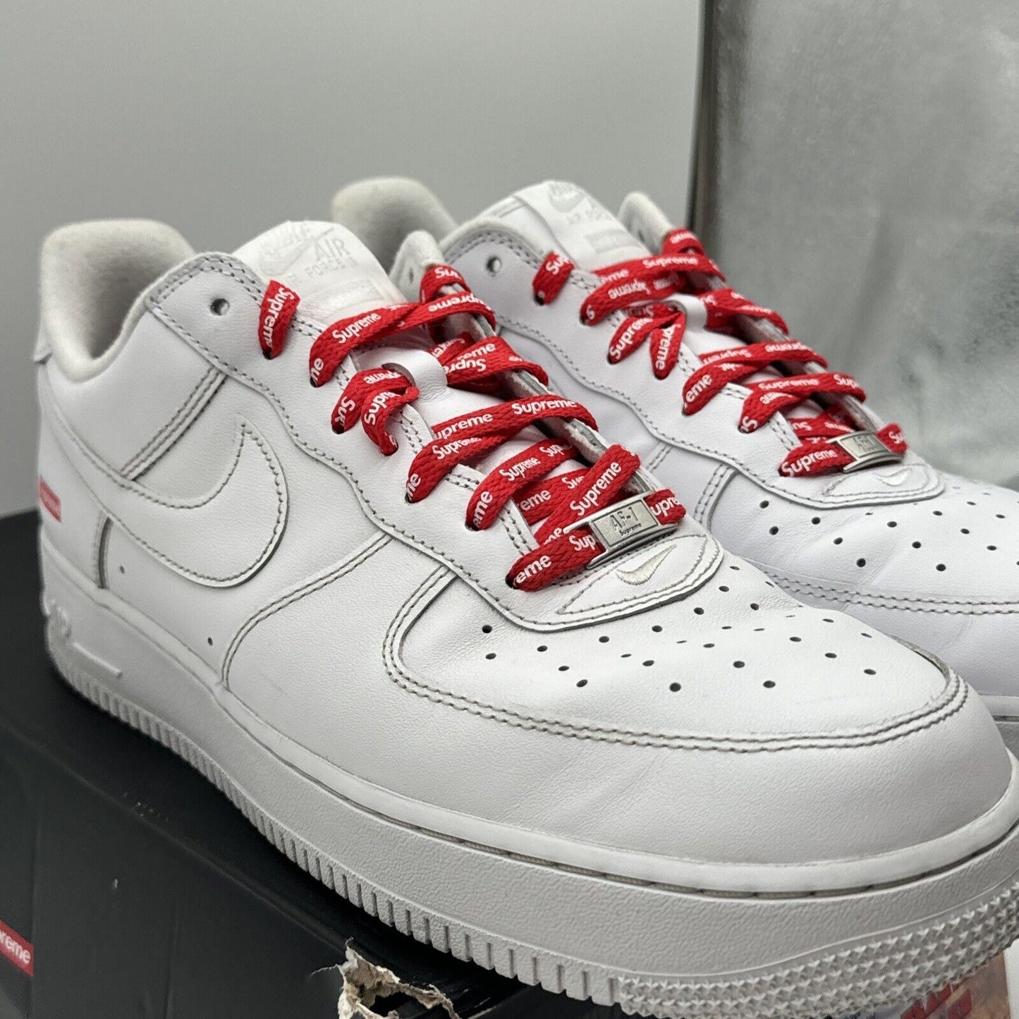Size 12 - Nike Air Force 1 x Supreme Low Box Logo - White Red Leather OG All