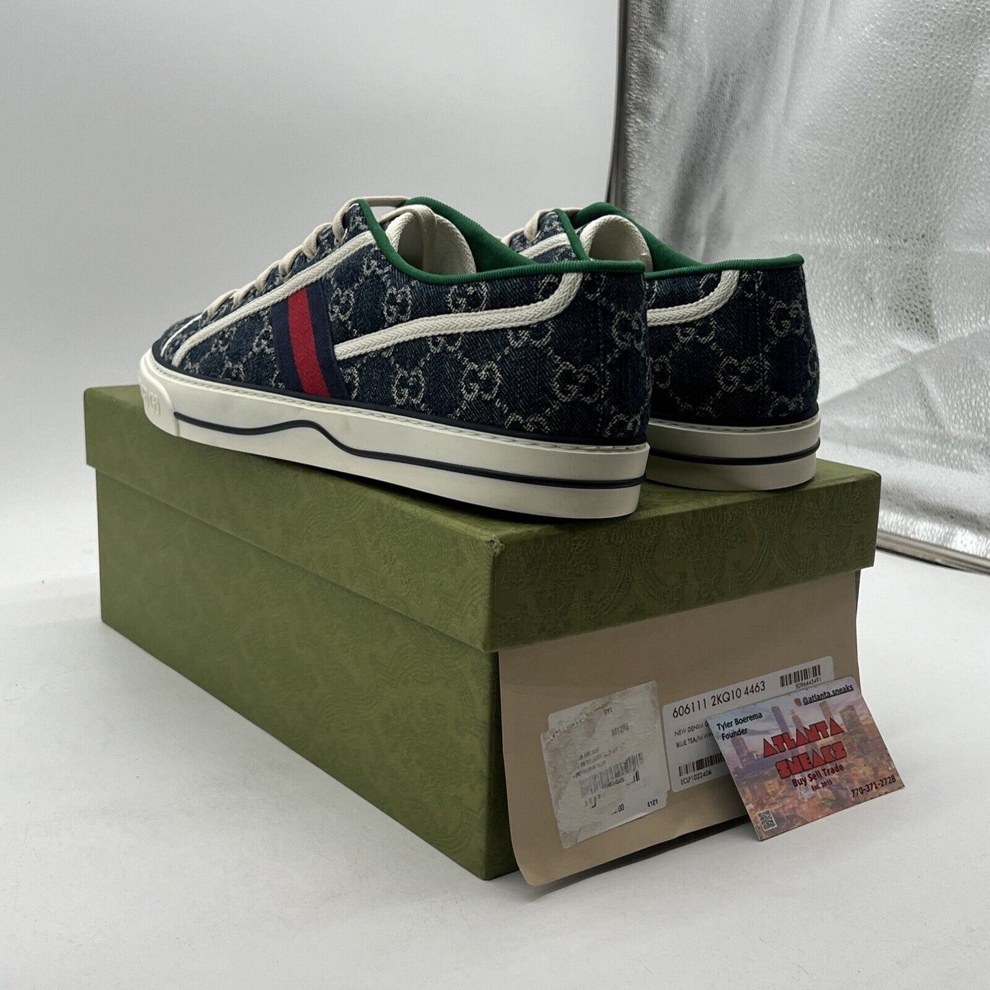 NEW AUTHENTIC GUCCI  TENNIS 1977  "DENIM GG PRINT" GUCCI 12.5  (US 13)