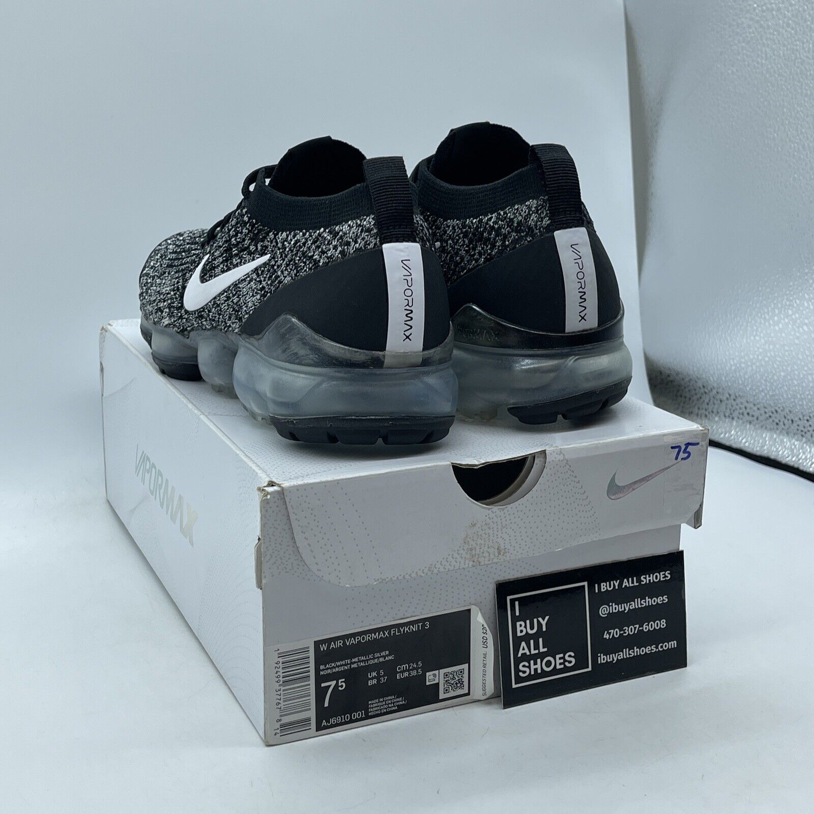 Size 7.5W - Nike Air VaporMax Flyknit 3 Oreo Black White Suede (AJ6910-001)
