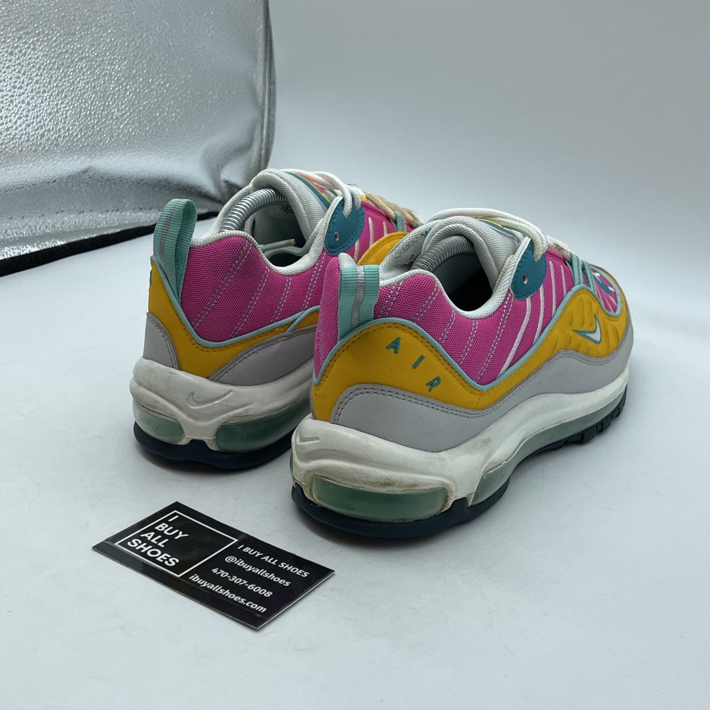 Size 11W - Nike Air Max 98 Teal Fuchsia Grey Yellow Suede (CI9897-301)