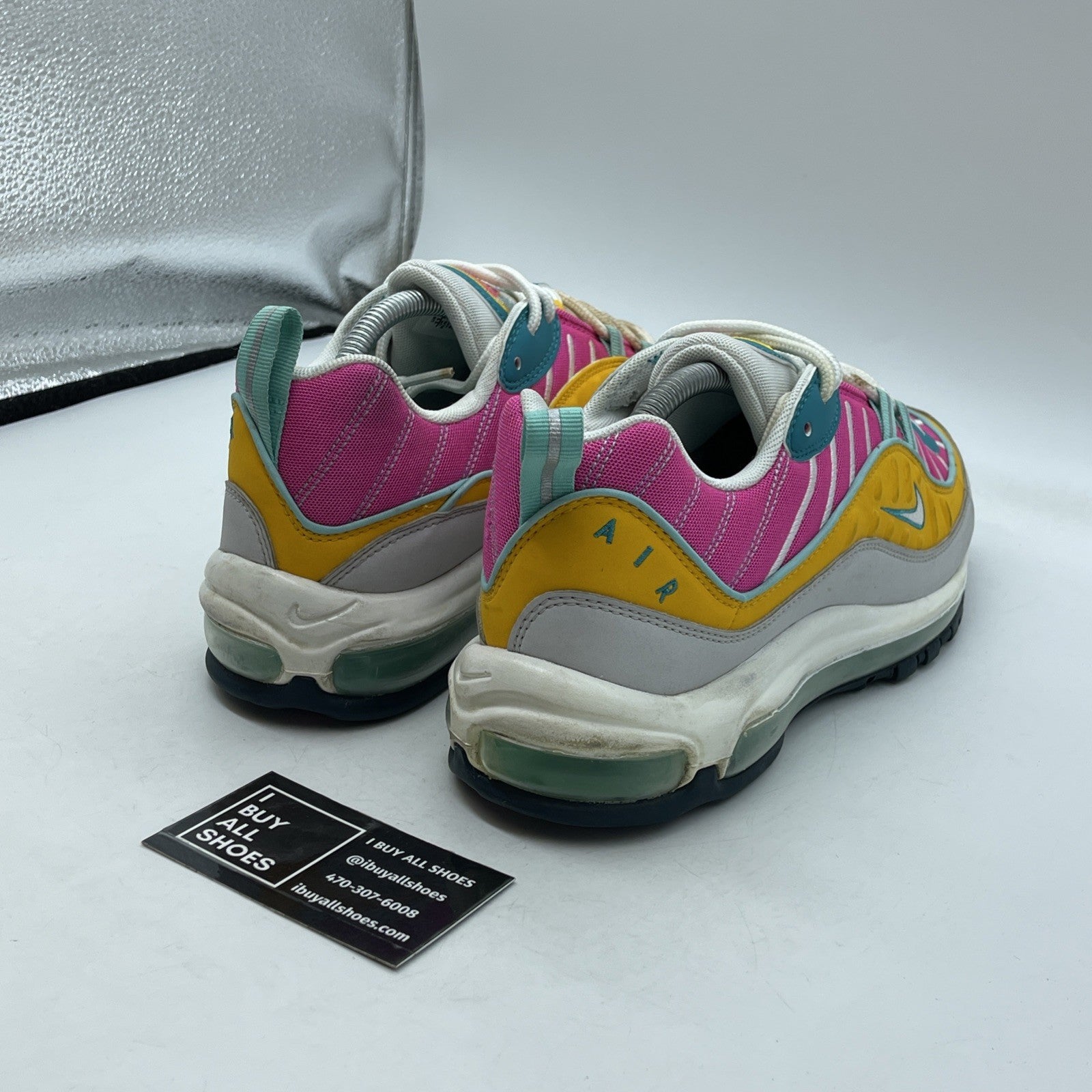 Size 11W - Nike Air Max 98 Teal Fuchsia Grey Yellow Suede (CI9897-301)