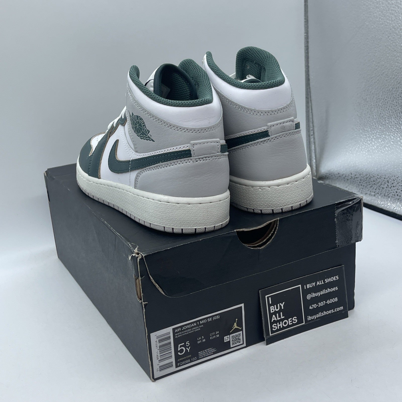 Size 5.5Y - Air Jordan 1 Mid SE ‘Oxidized Green Grey White Leather (FQ8088-103)