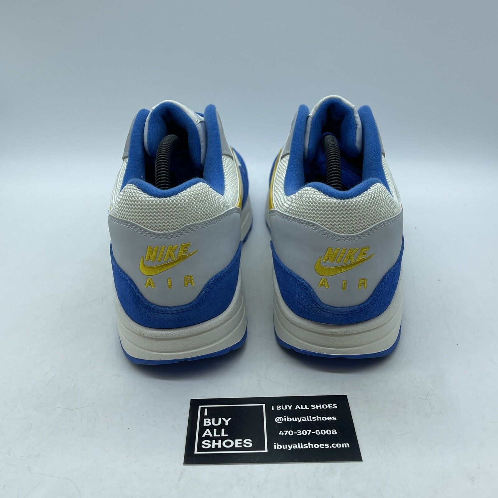 Size 11.5 - Nike Air Max 1 Signal Blue White Suede Yellow Grey (AH8145-108)