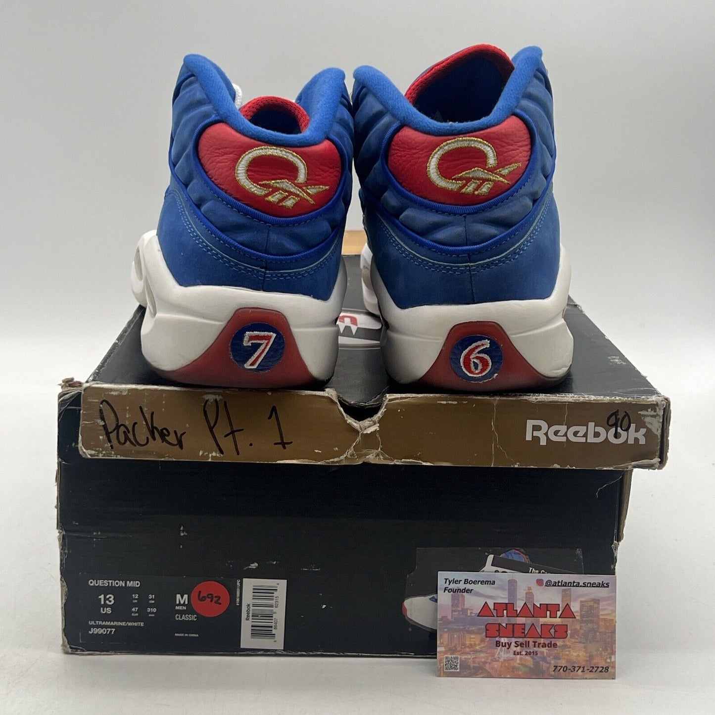 Size 13 - Reebok Question Mid Packer Shoes Blue White Red Leather (J99077)