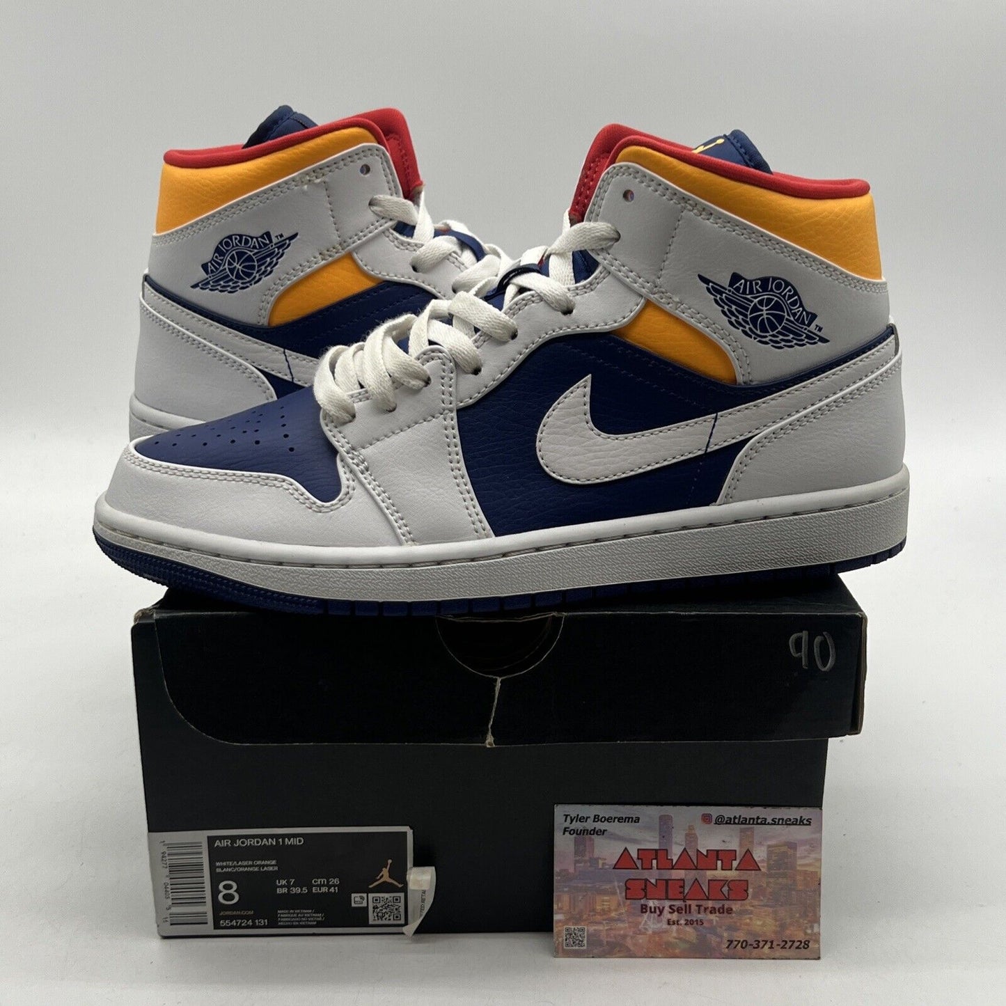 Size 8 - Air Jordan 1 Mid White Deep Royal Blue Leather Yellow (554724-131)