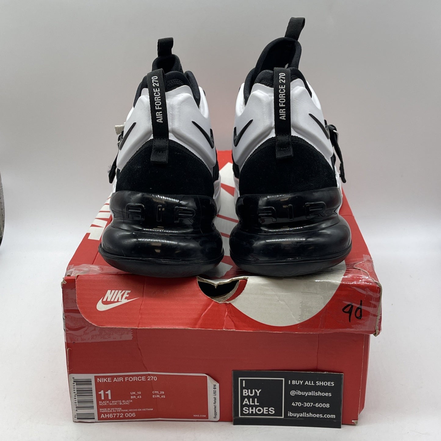 Size 11 - Nike Air Force 270 Black White Suede Leather (AH6772-006)