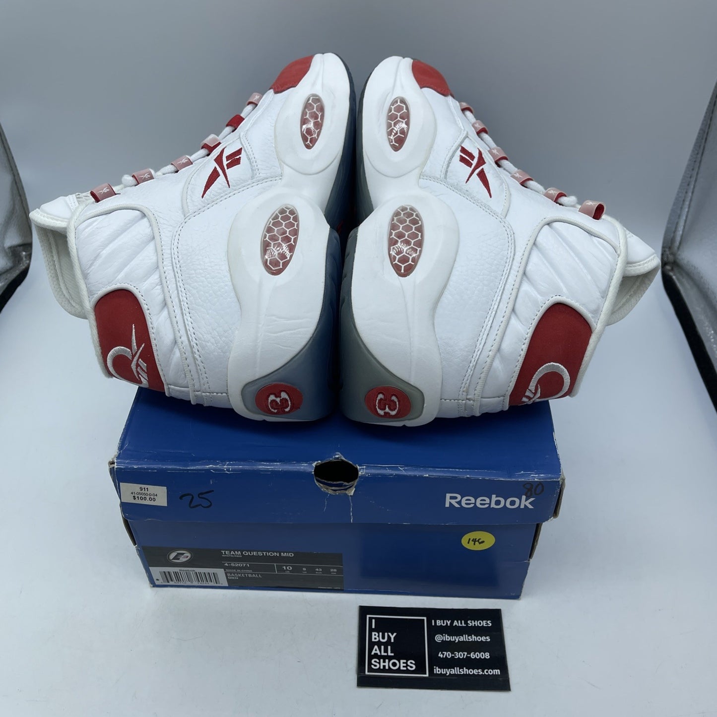 Size 10 - Reebok Question Mid White Red Leather Suede (4-52071)