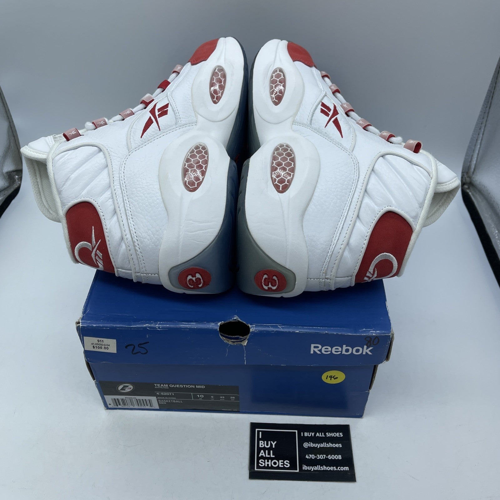 Size 10 - Reebok Question Mid White Red Leather Suede (4-52071)