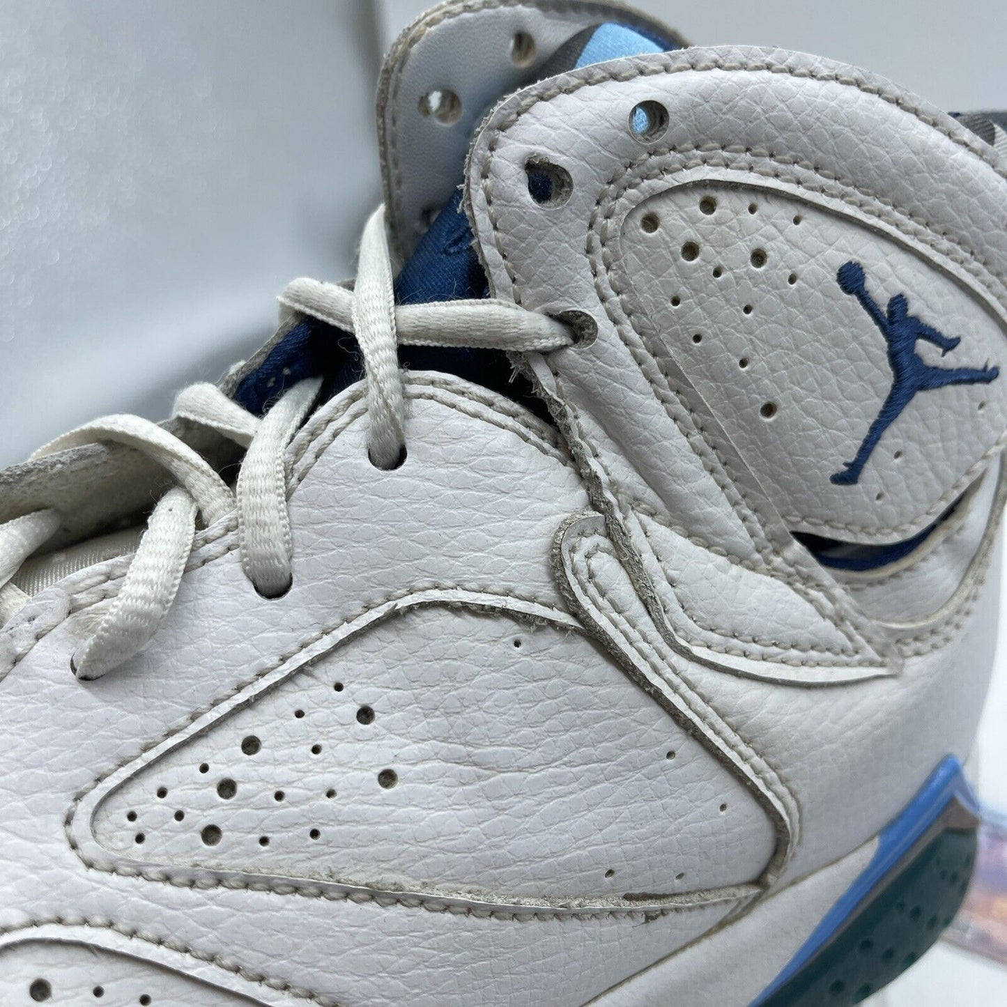 Size 4.5 (GS) - Jordan 7 Mid French Blue White Green Grey Leather (304774-107)