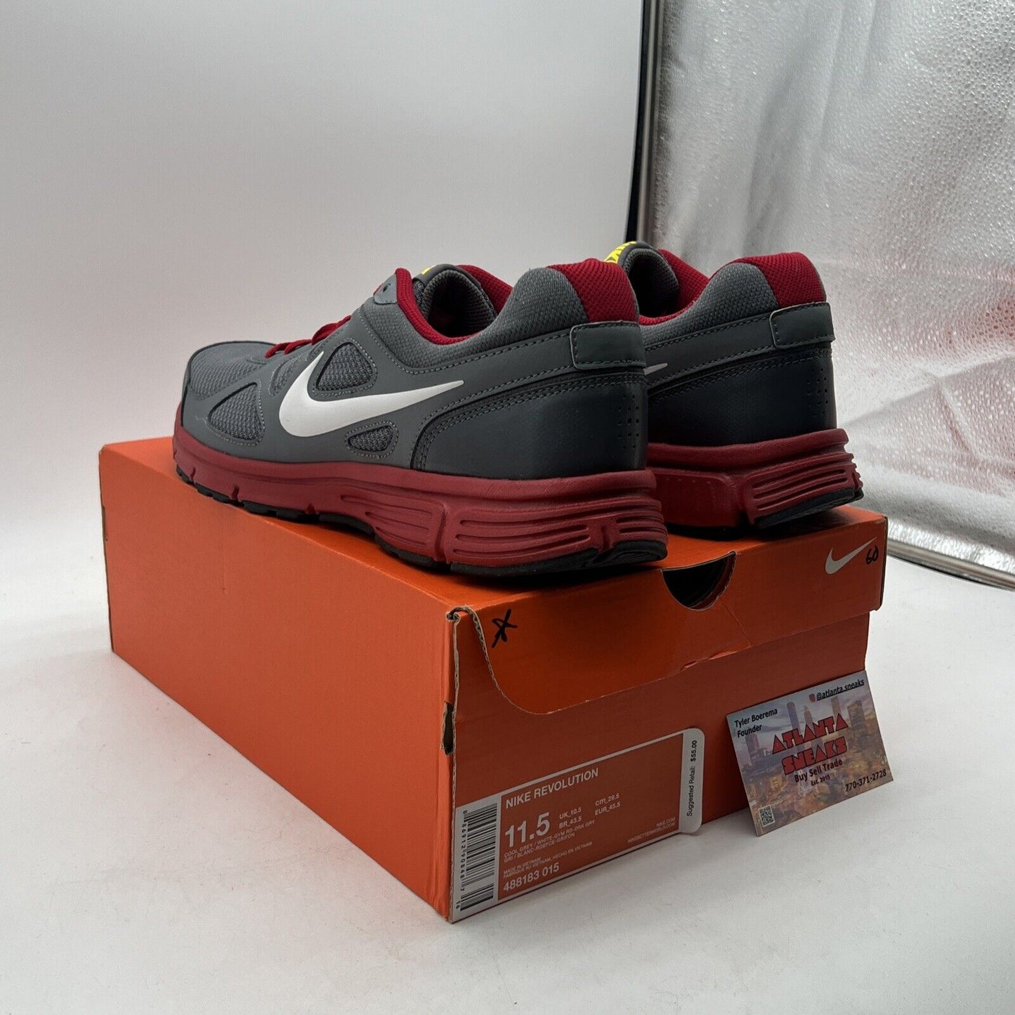 Size 11.5 - Nike Revolution 2 Running Shoes (488183-015) Gray And Red Men's