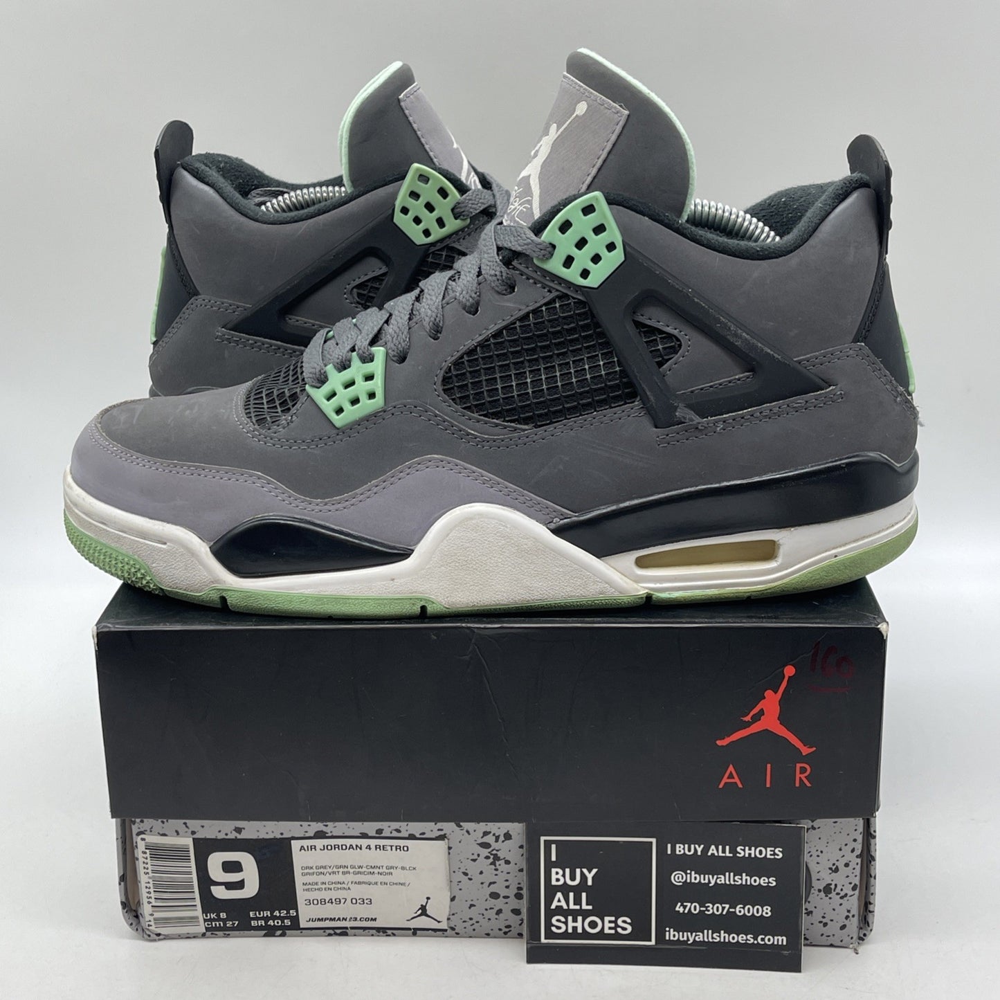 Size 9 - Jordan 4 Retro Green Glow Grey White Black Suede (308497-033)