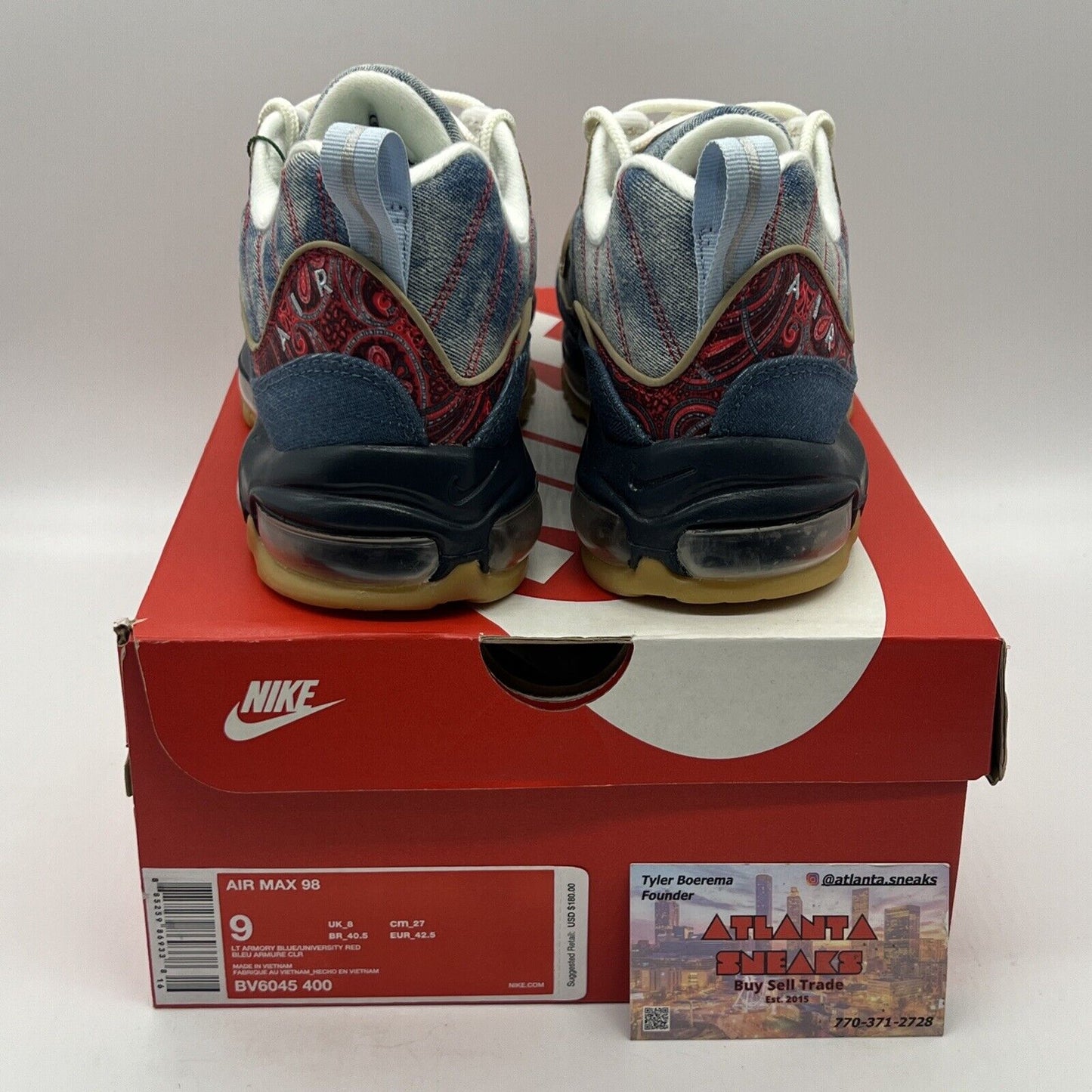 Size 9 - Nike Air Max 98 Wild West Brand New Og All Red Denim Gum Leather DS