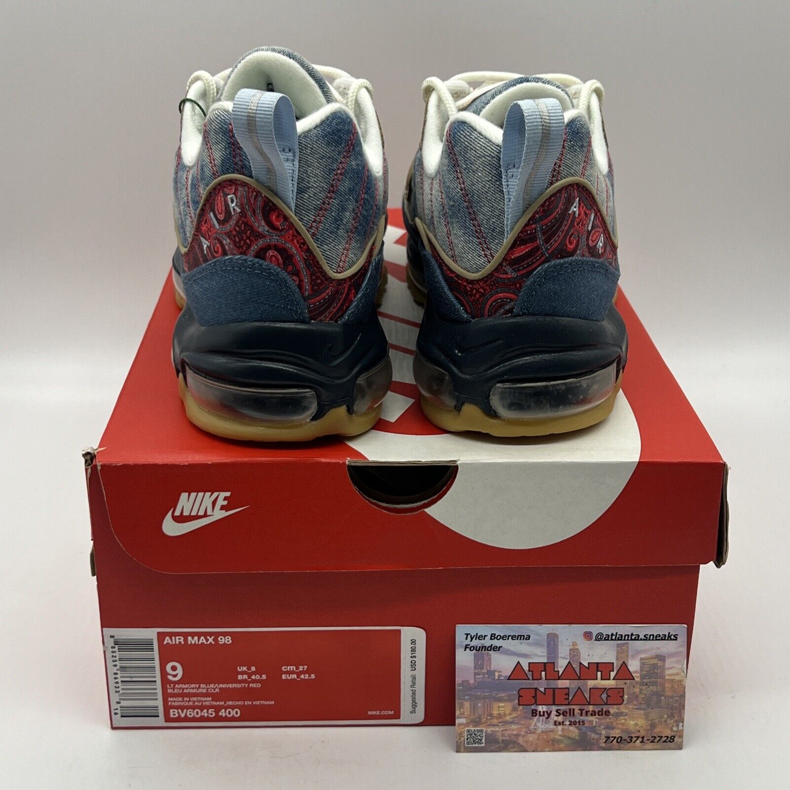 Size 9 - Nike Air Max 98 Wild West Brand New Og All Red Denim Gum Leather DS