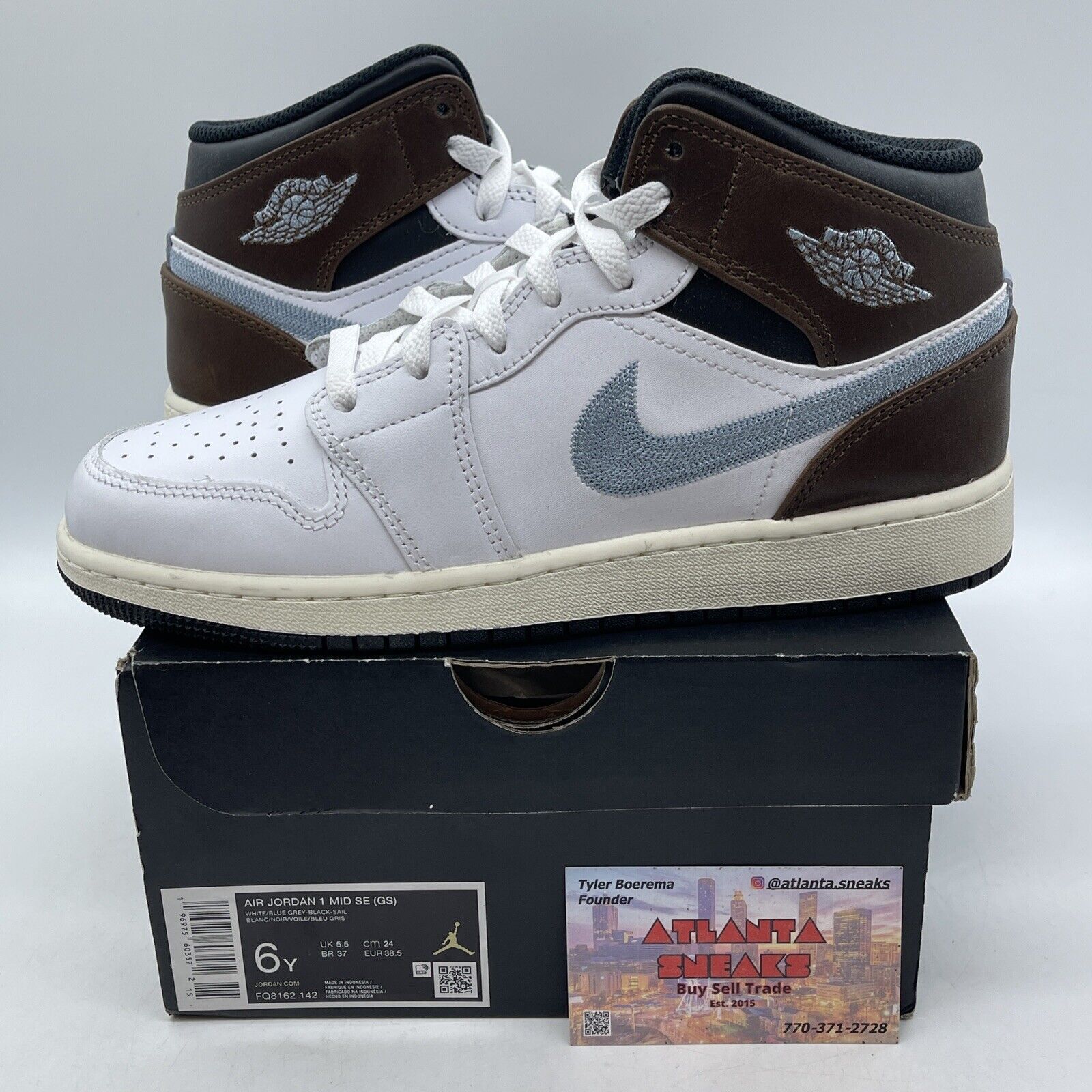 Size 6Y - AIR JORDAN 1 MID SE_WHITE BLUE GREY BLACK Brown Leather  (FQ8162-142)