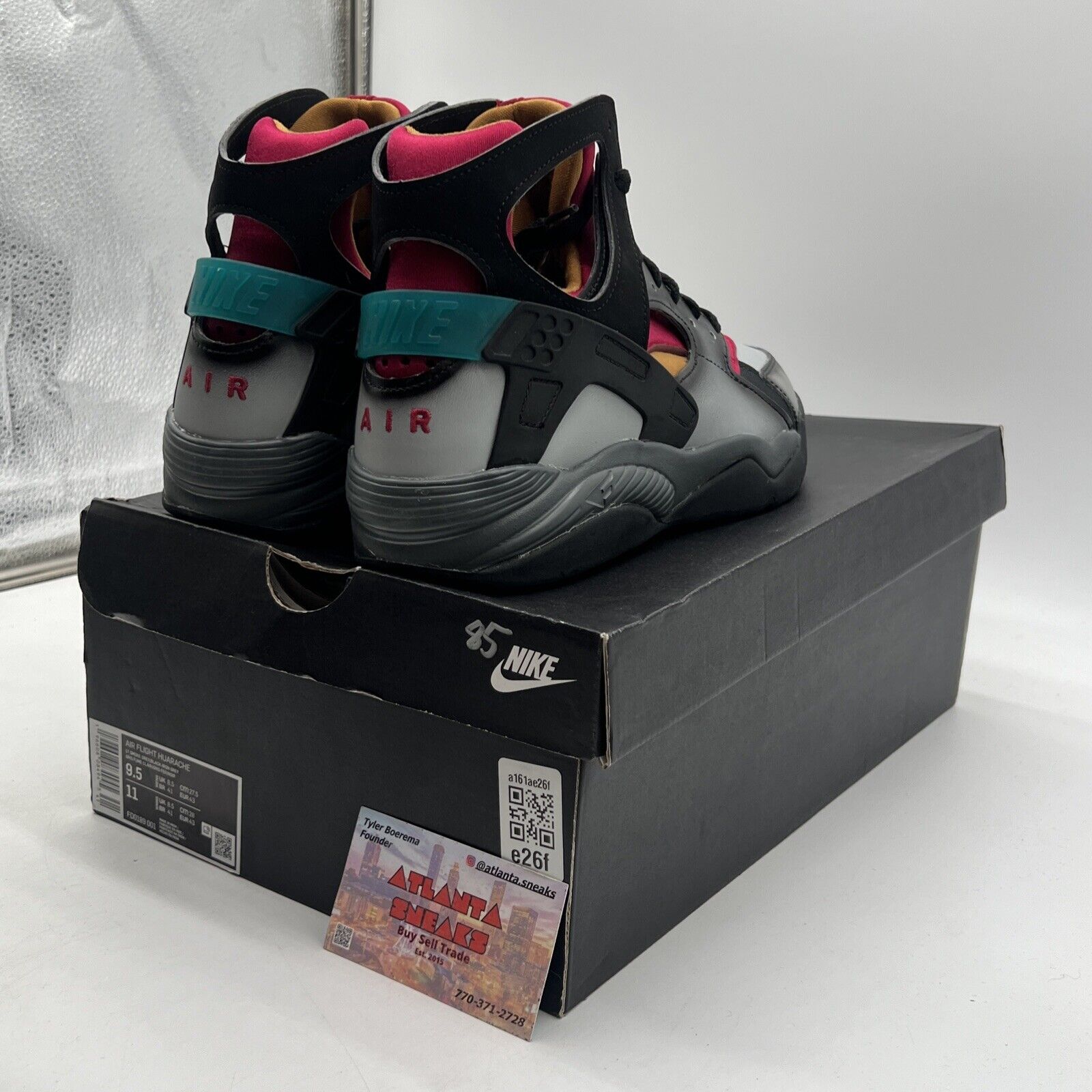 Size 9.5 - Nike Air Flight Huarache Airbrush - Bordeaux Grey Black (FD0189-001)