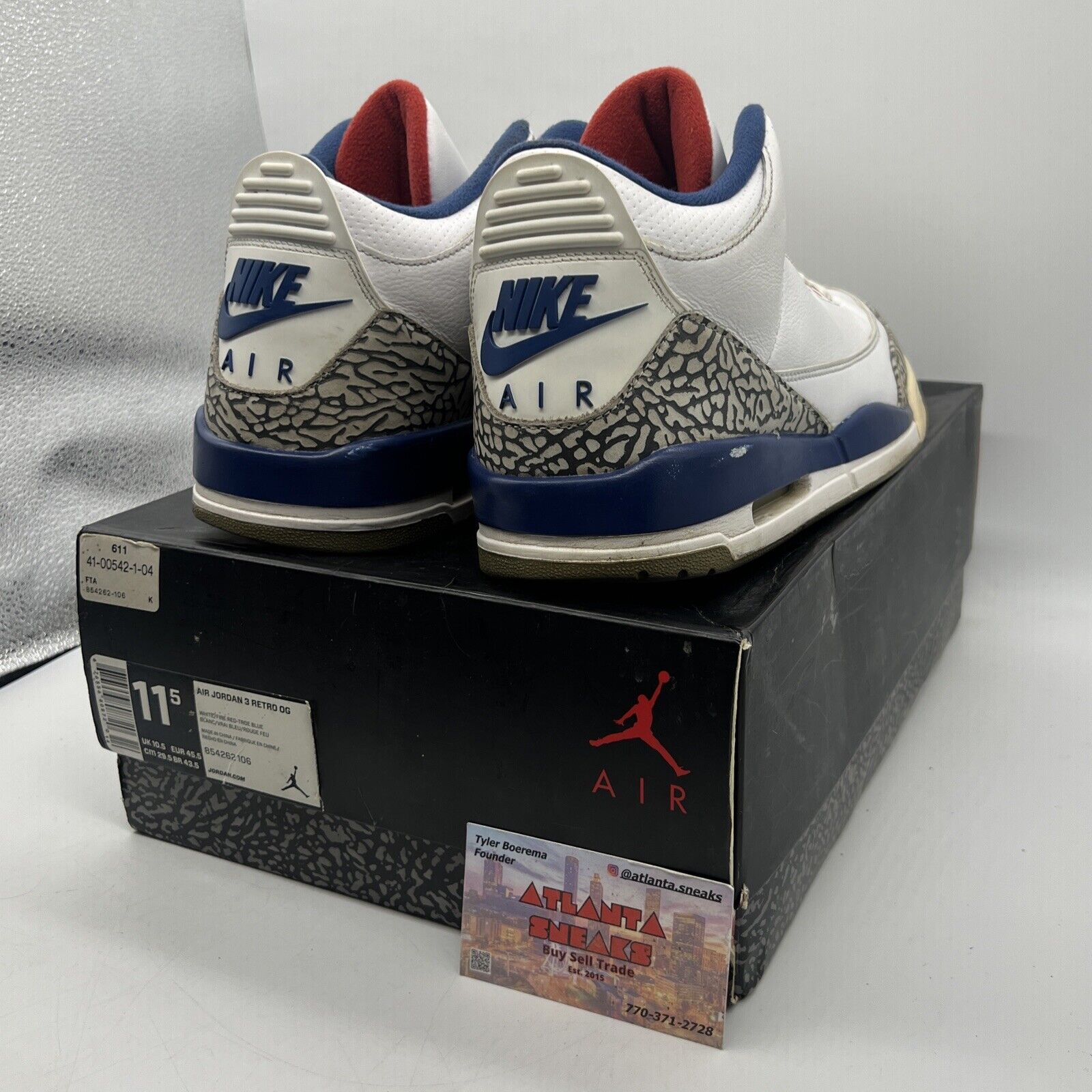 Size 11.5 - Jordan 3 Retro OG Mid True Blue White Blue Red Leather Used