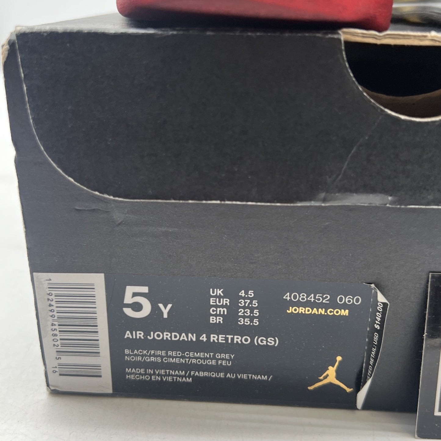 Size 5Y - Air Jordan 4 Retro Bred Black/Fire Red Cement 2019 (408452-060)