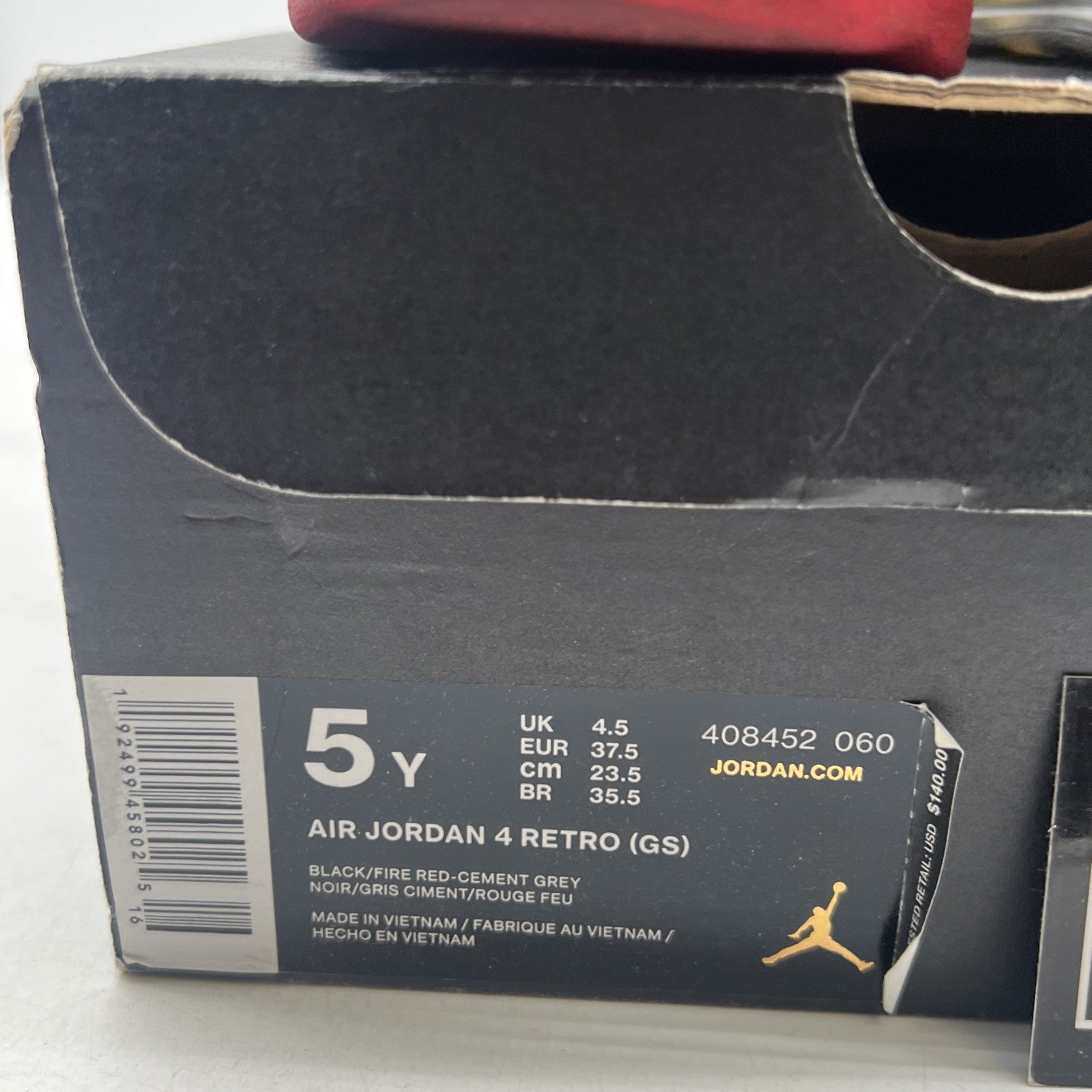 Size 5Y - Air Jordan 4 Retro Bred Black/Fire Red Cement 2019 (408452-060)