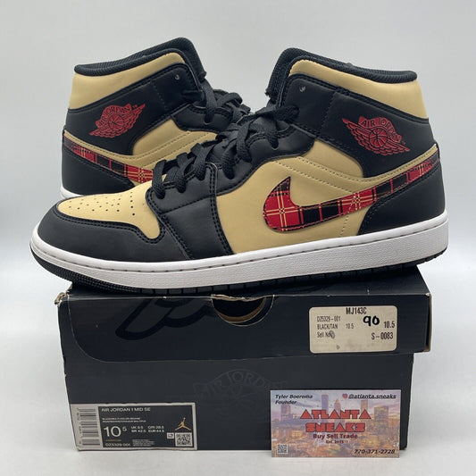 Size 10.5 - Jordan 1 Mid SE Tartan Swoosh Black White Tan Suede (DZ5329-001)