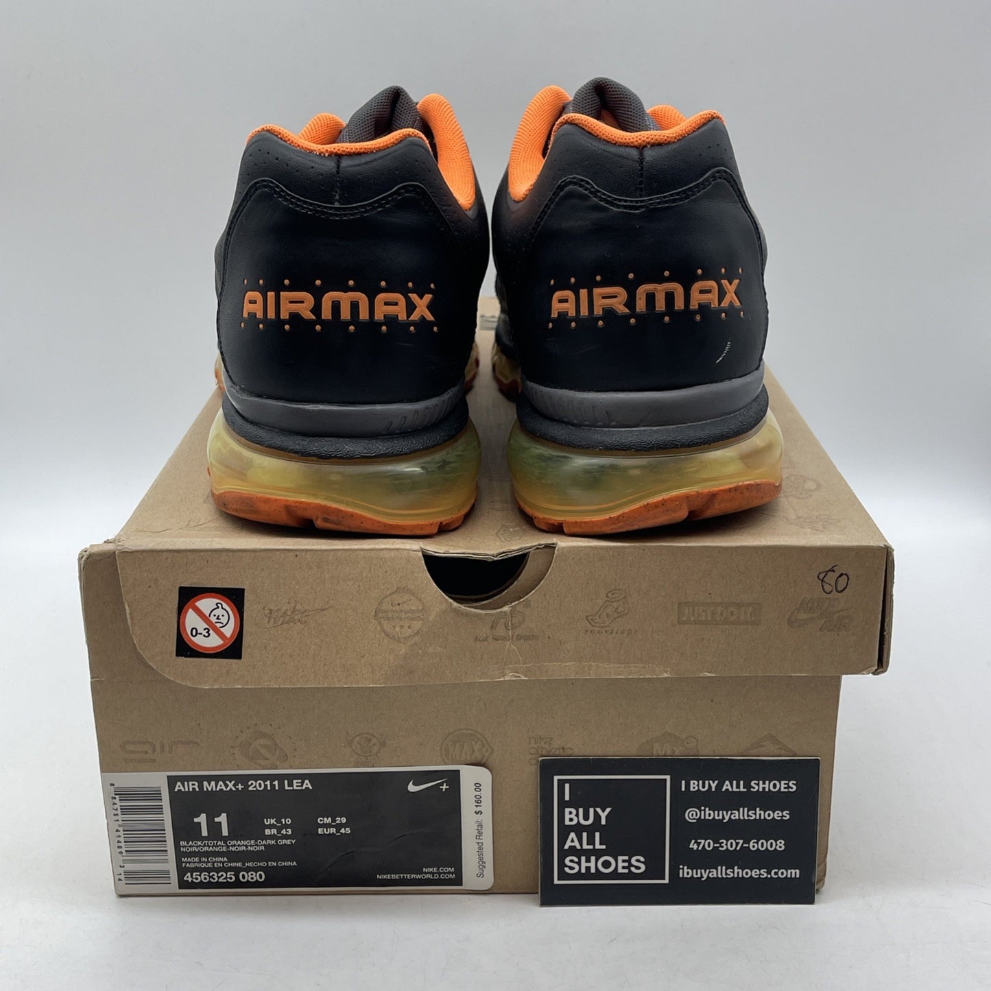 Size 11 - Nike Air Max+ 2011 Lea Black Orange Leather (456325-080)