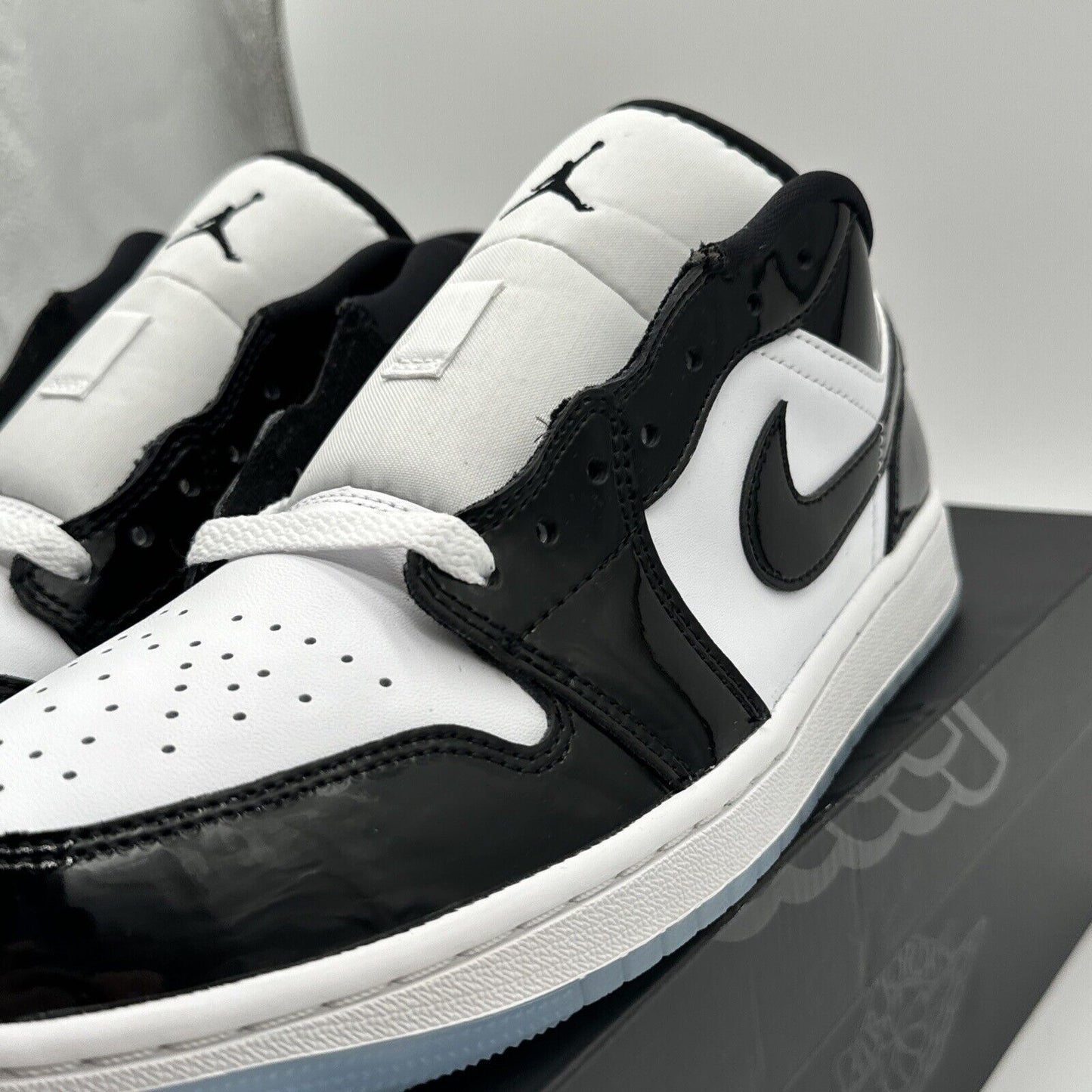 Size 9.5 - Jordan 1 Low SE Concord Black White Patent Leather Tuxedo Icy Soles