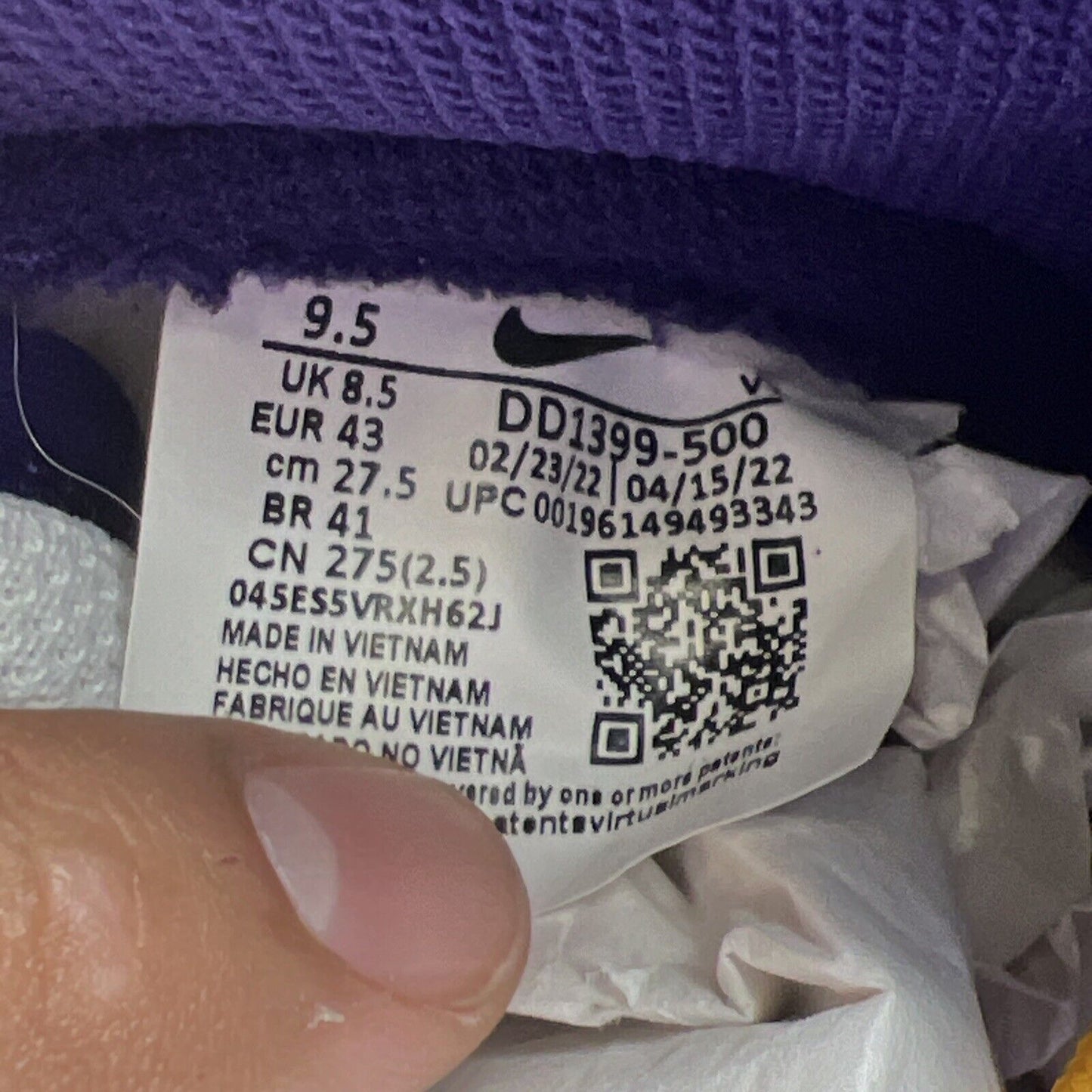 Size 9.5 - Nike Dunk High Lakers Yellow Purple White Leather (DD1399-500)