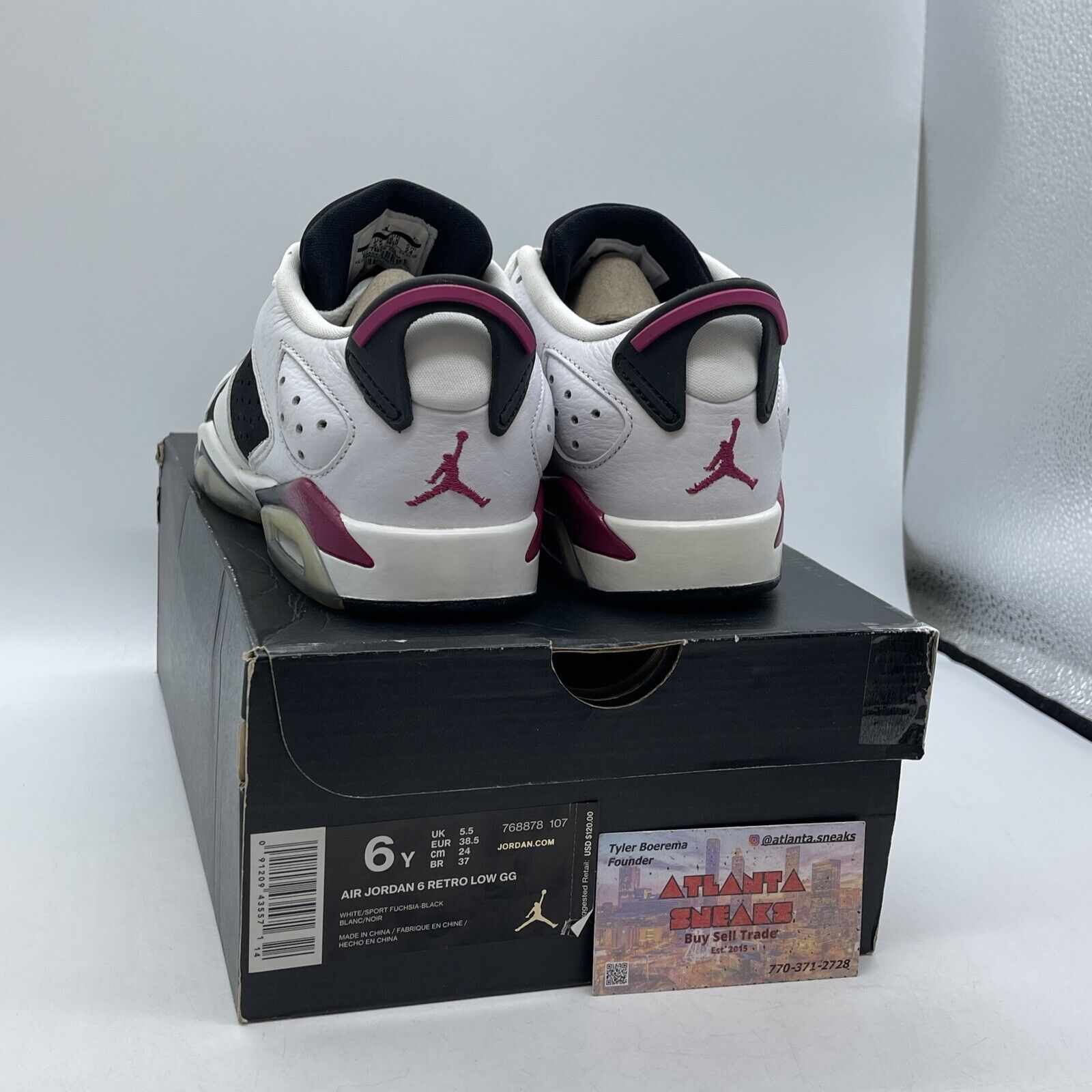 Size 6Y (GS) - Jordan 6 Retro Low Fuchsia Black Suede White Leather (768878-107)