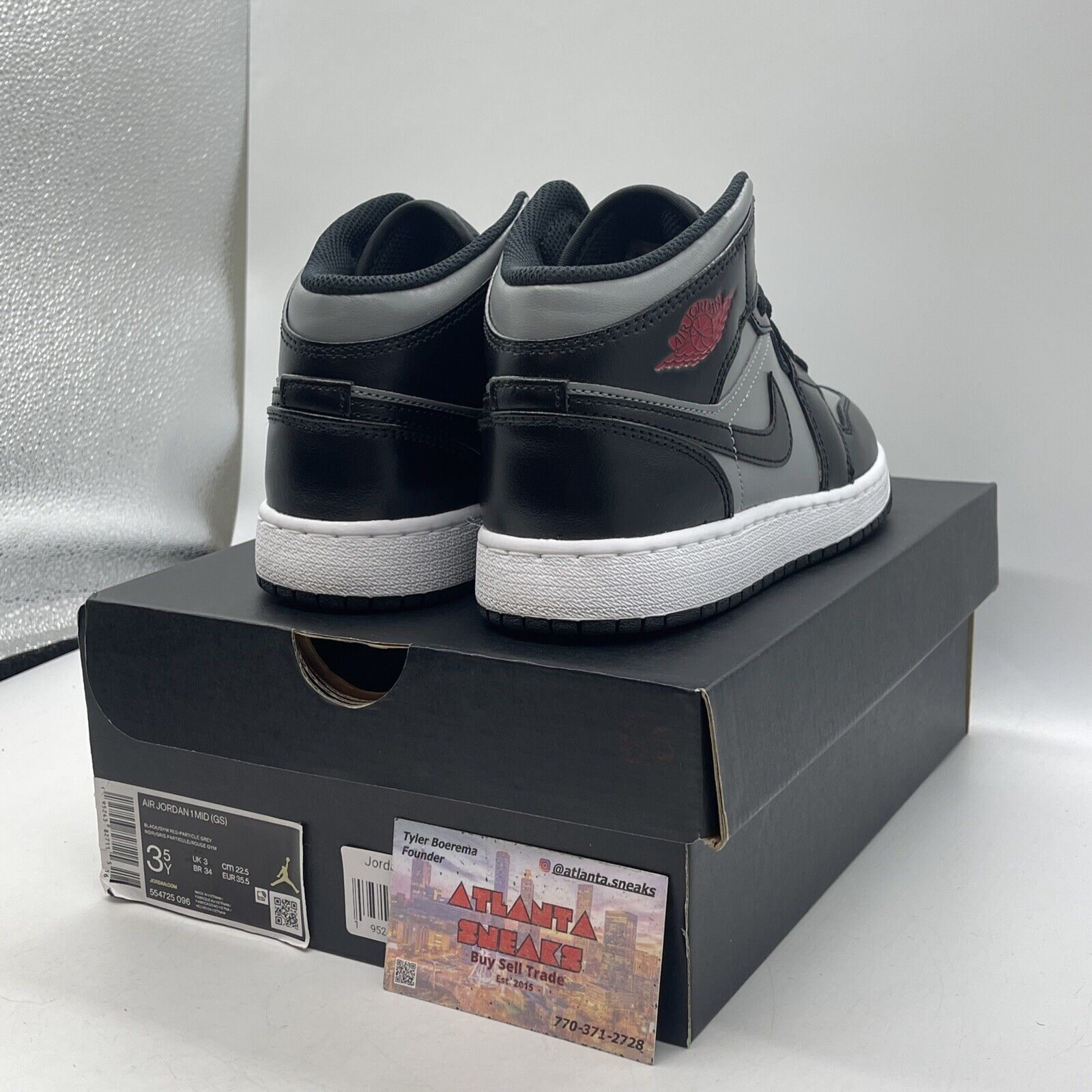 Size 3.5Y - Jordan 1 Mid Black Shadow Grey White Leather (554725-096)