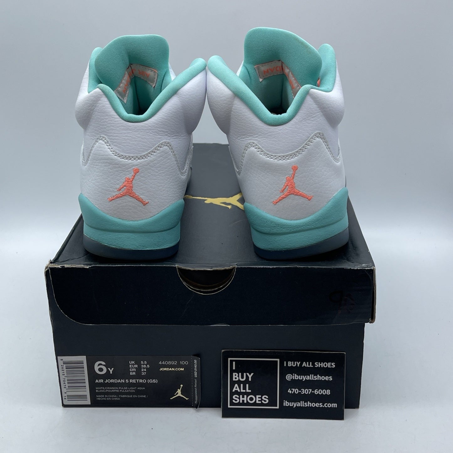 Size 6Y (GS) - Jordan 5 Retro Mid Light Aqua White Leather (440892-100)