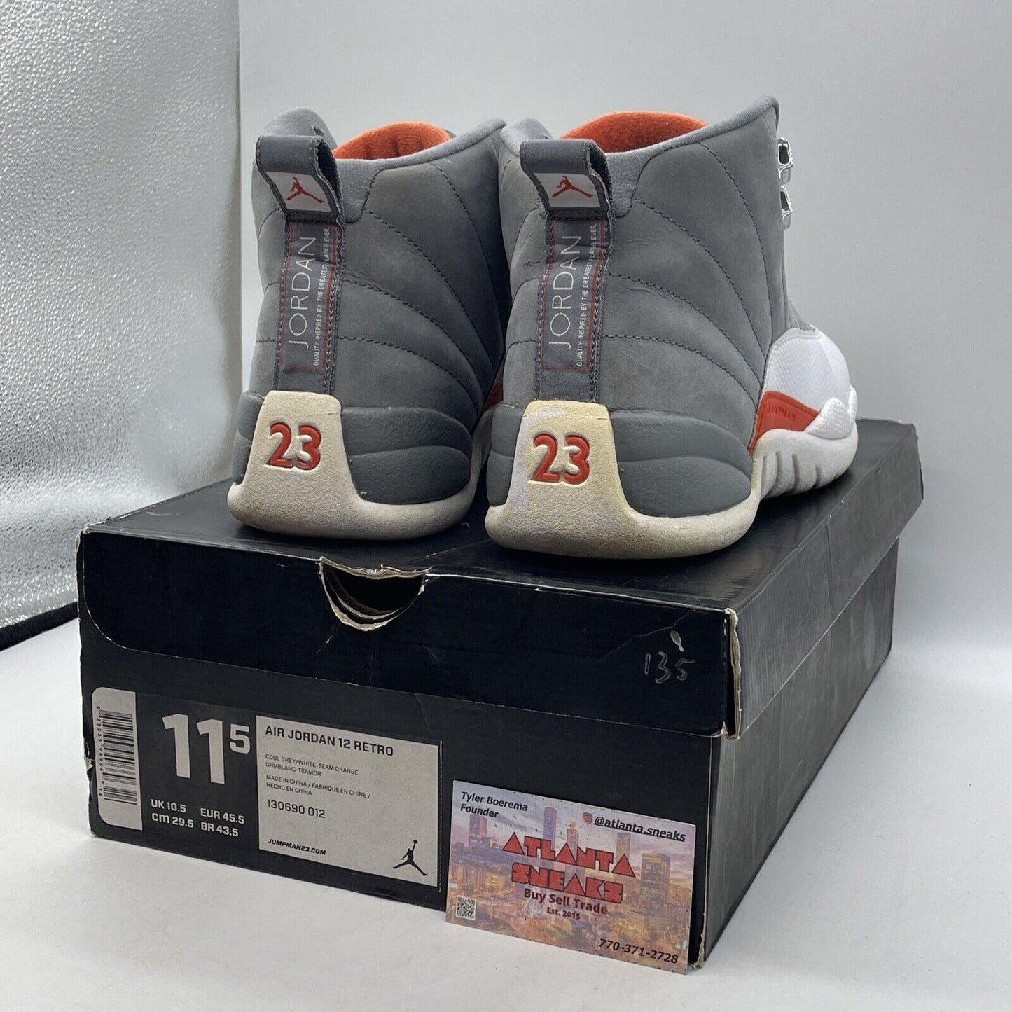 Size 11.5 - Air Jordan 12 Cool Grey Suede White Orange Leather (130690-012)