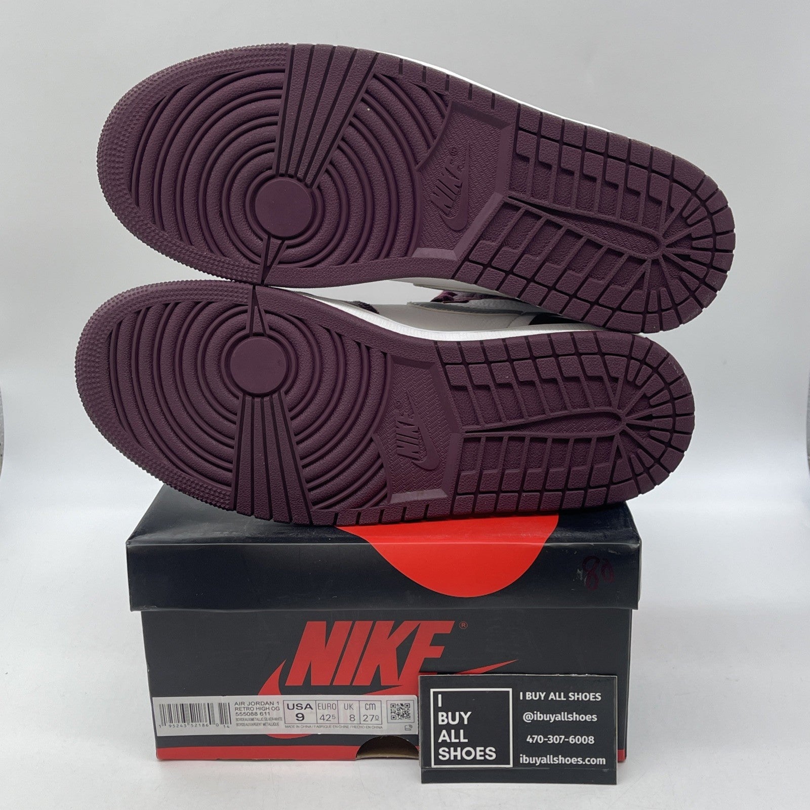 Size 9 - Jordan 1 Retro High OG Bordeaux Silver White Leather (555088-611)