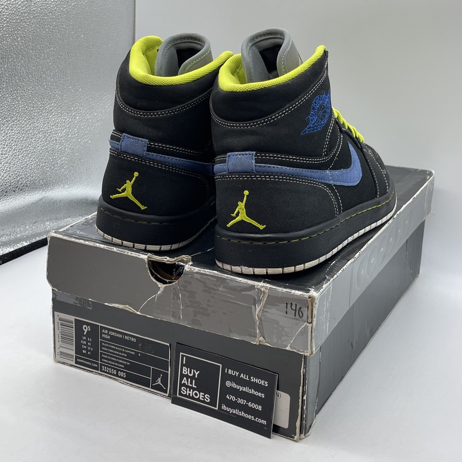 Size 9.5 - Air Jordan 1 Retro High Black Cyber Green Blue Suede (332550-005)