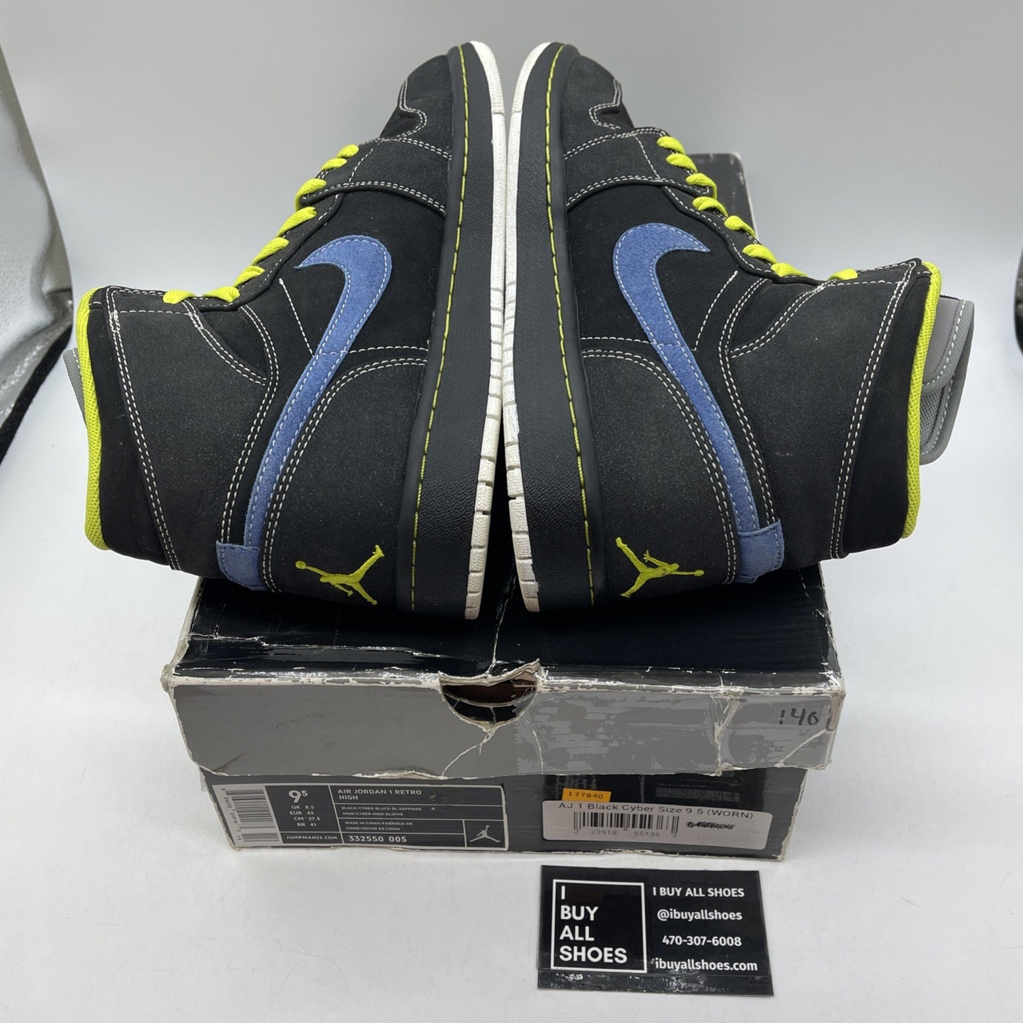 Size 9.5 - Air Jordan 1 Retro High Black Cyber Green Blue Suede (332550-005)