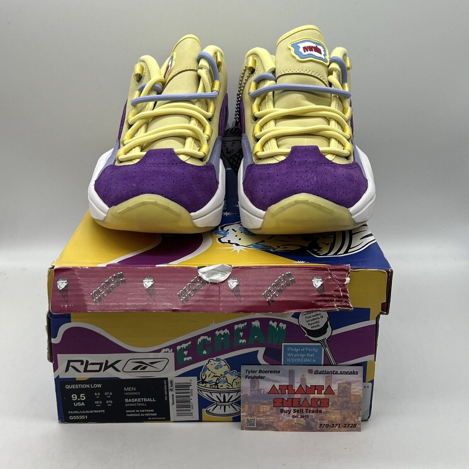 Size 9.5 - Reebok Question Low x BBC Ice Cream Yellow Lilac Glow 2020 - G55351